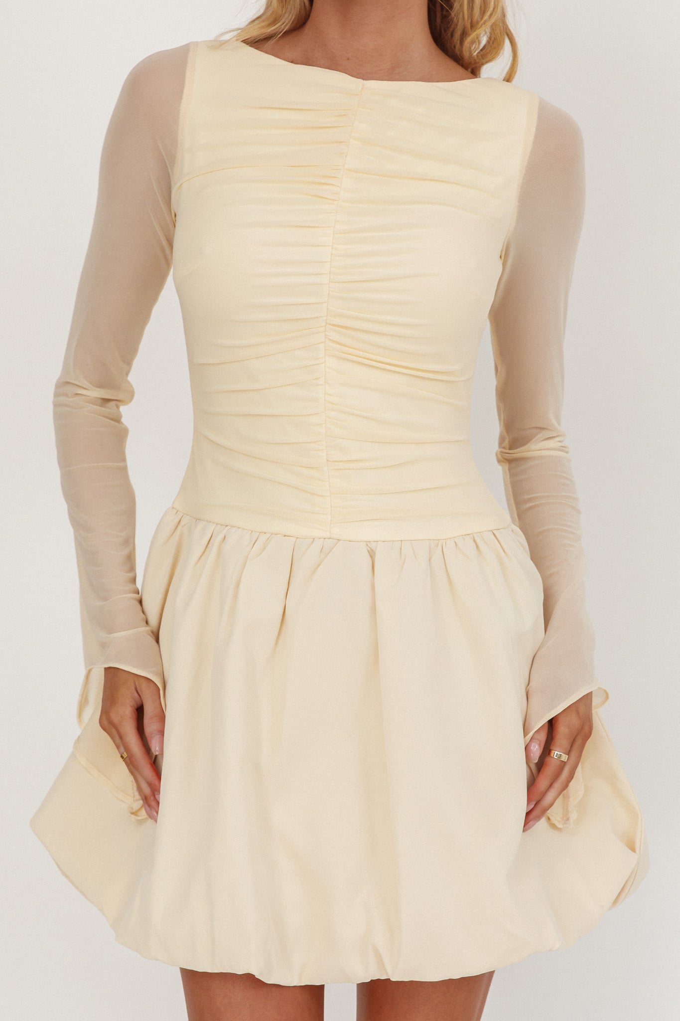 Elowin Long Sleeve Bubble Hem Mini Dress Cream-Maymioy