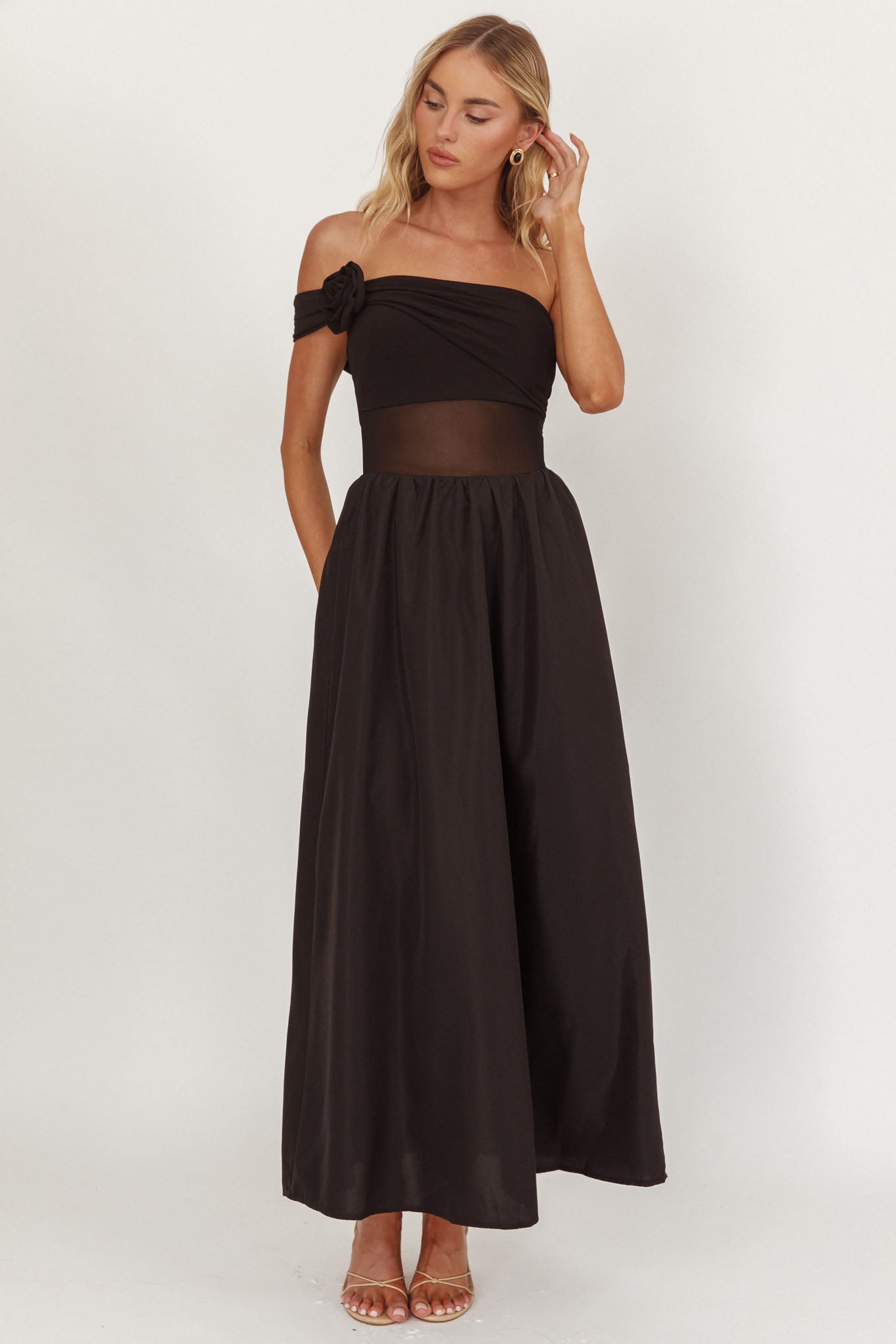 Uma One Sleeve Sheer Waist Midi Dress Black-Maymioy