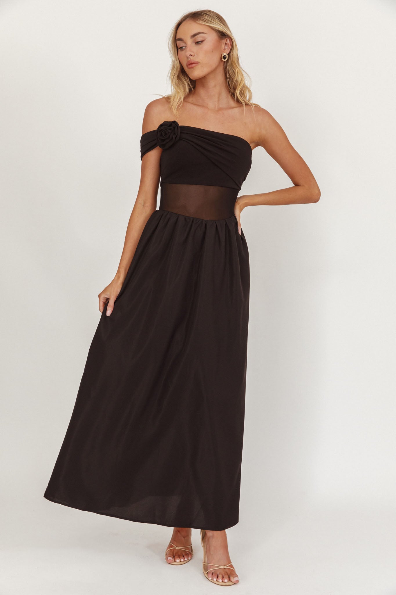 Uma One Sleeve Sheer Waist Midi Dress Black-Maymioy