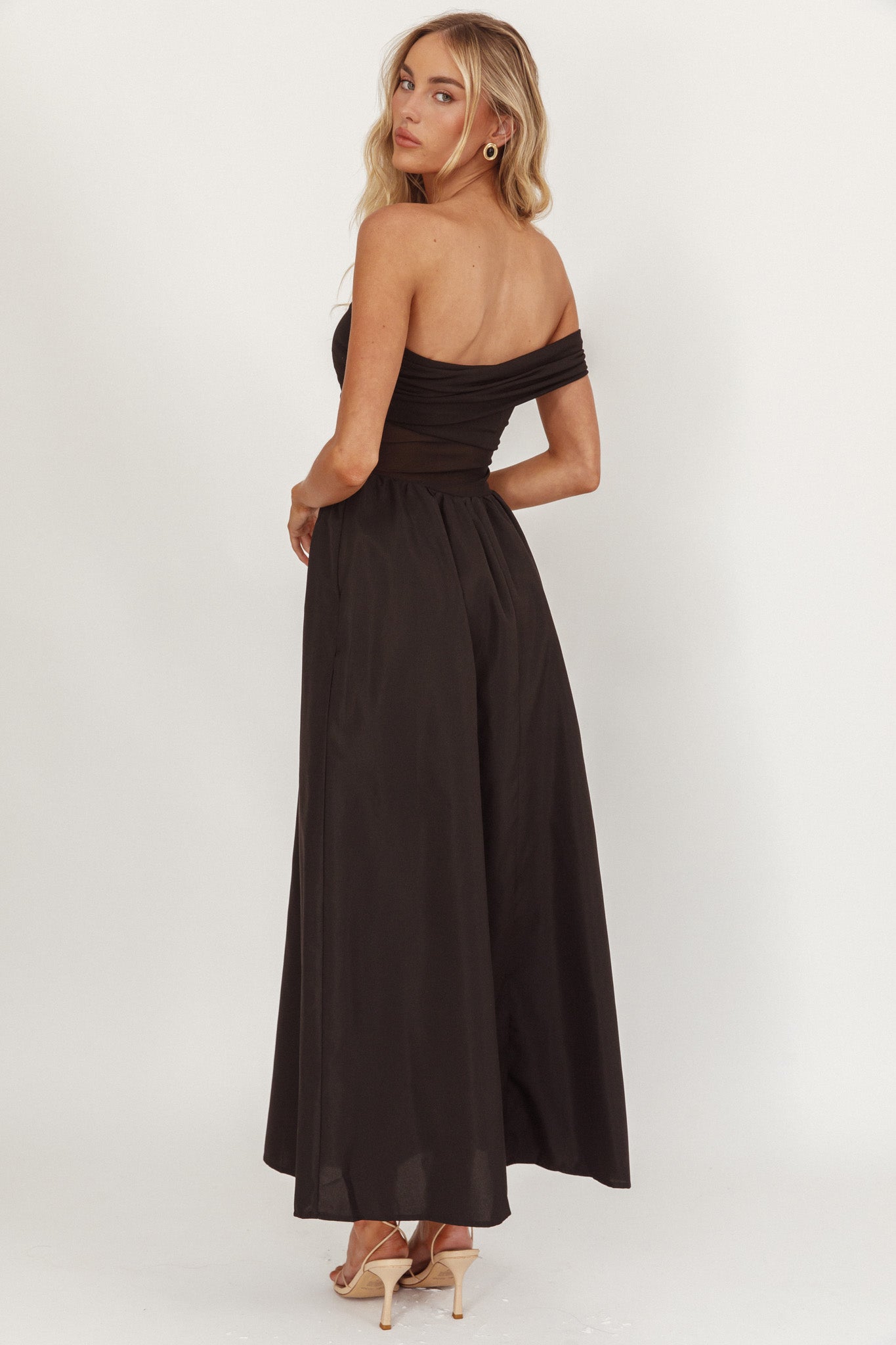 Uma One Sleeve Sheer Waist Midi Dress Black-Maymioy