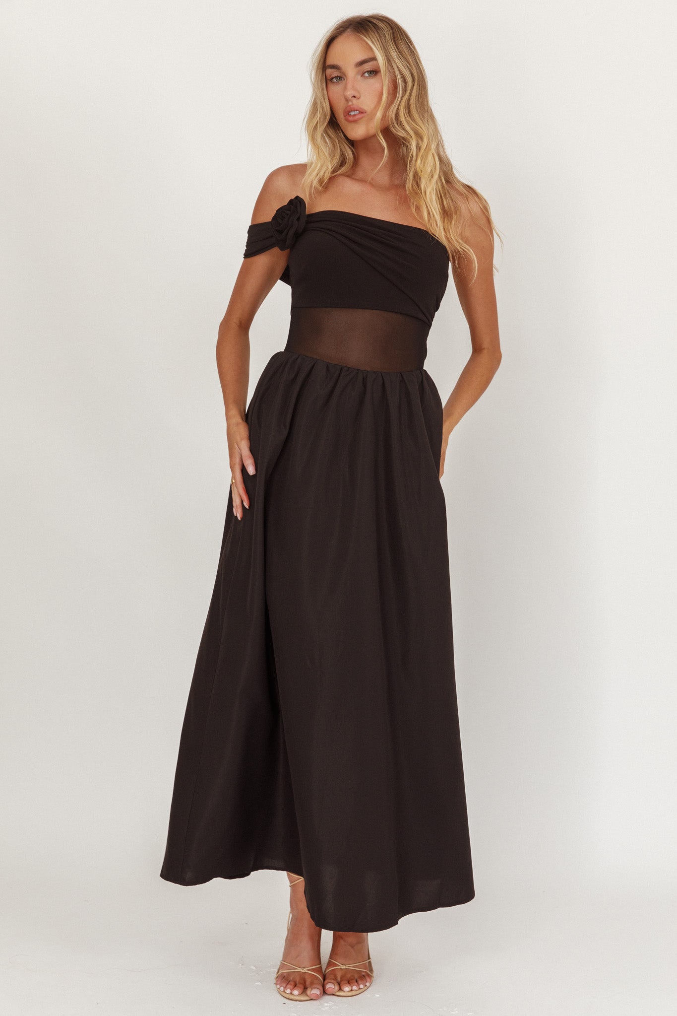 Uma One Sleeve Sheer Waist Midi Dress Black-Maymioy