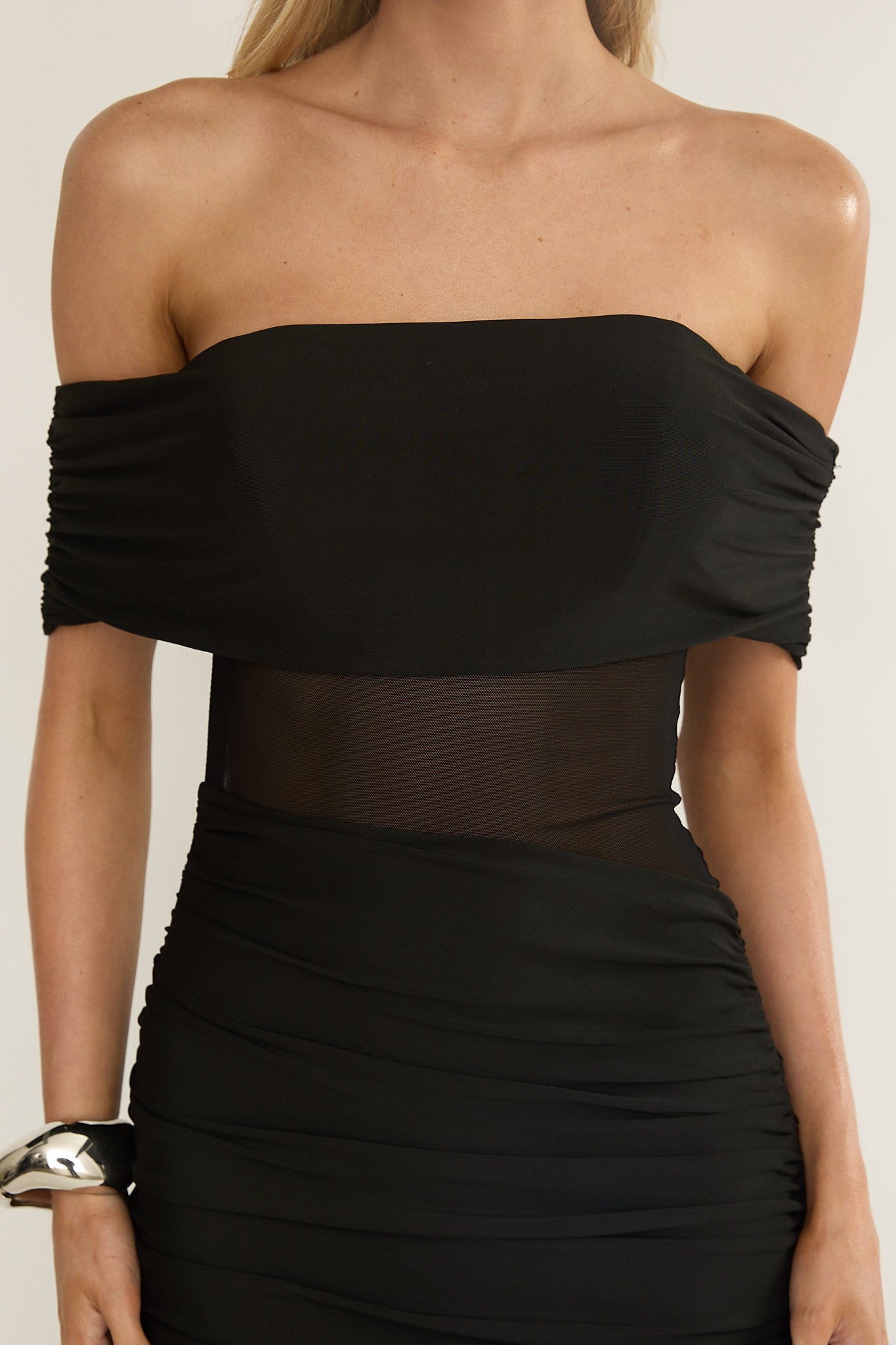 Lumiere Strapless Sheer Mesh Dress Black-Maymioy