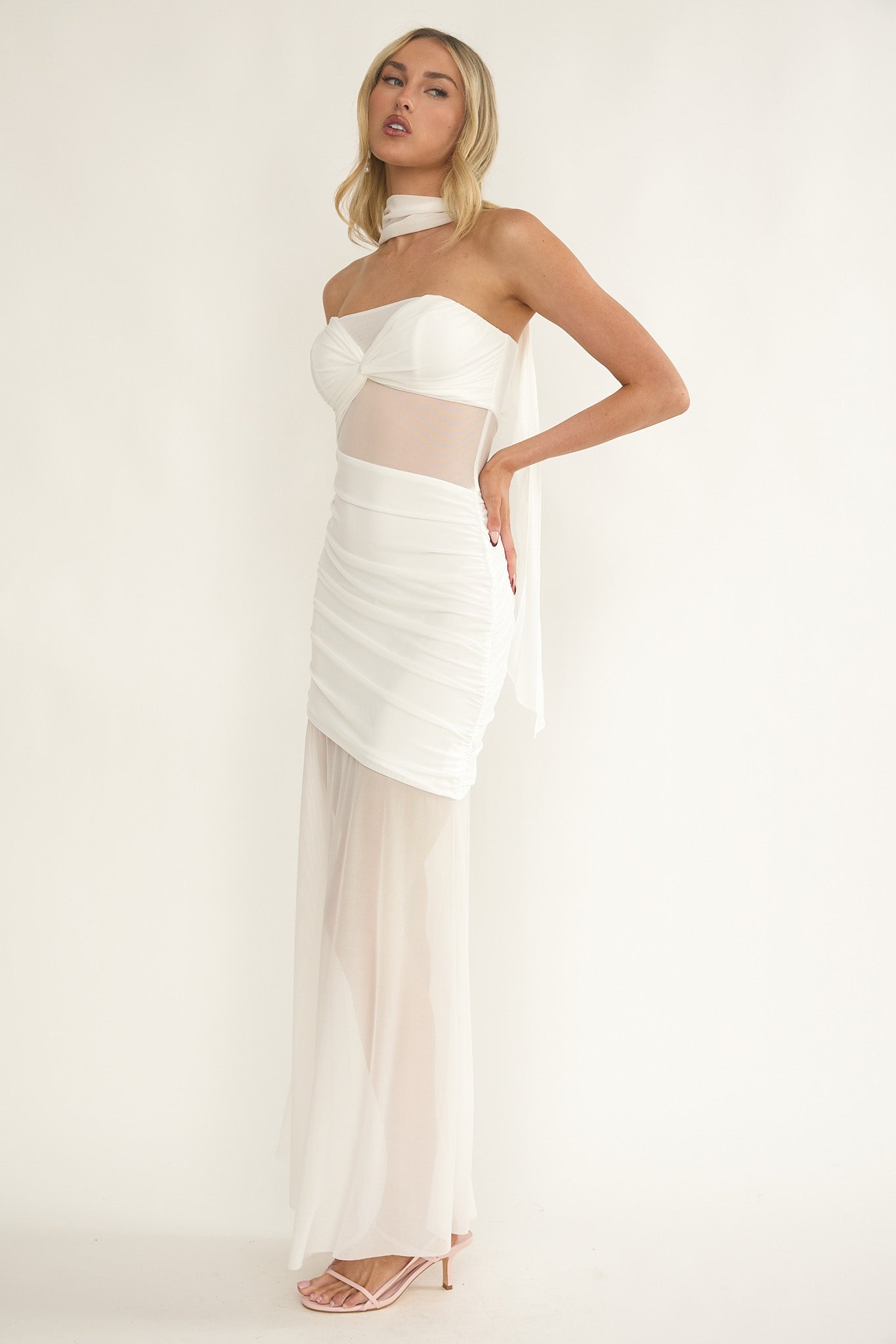 Lumiere Strapless Sheer Mesh Dress White-Maymioy