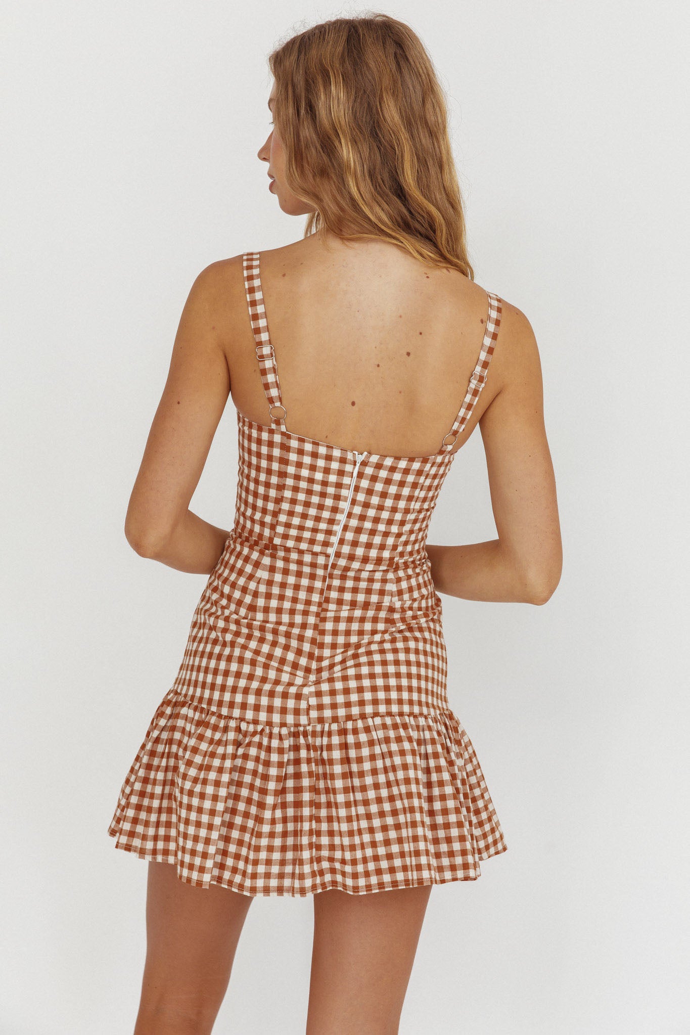 Rachelle Tied Bust Ruched Mini Dress Spotted Tan Check-Maymioy