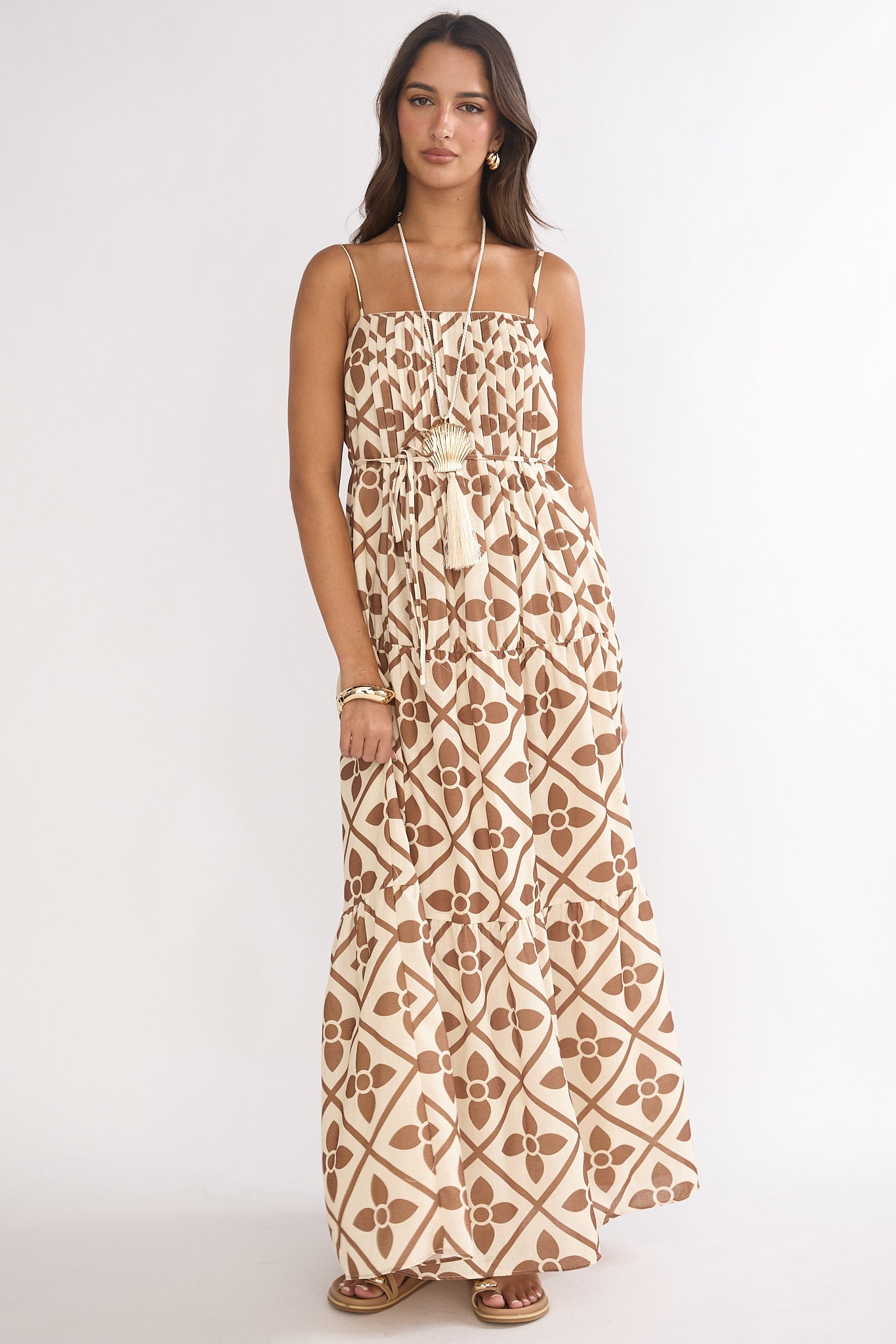 Lysette Pintuck Pleat Maxi Dress Brown Multi-Maymioy