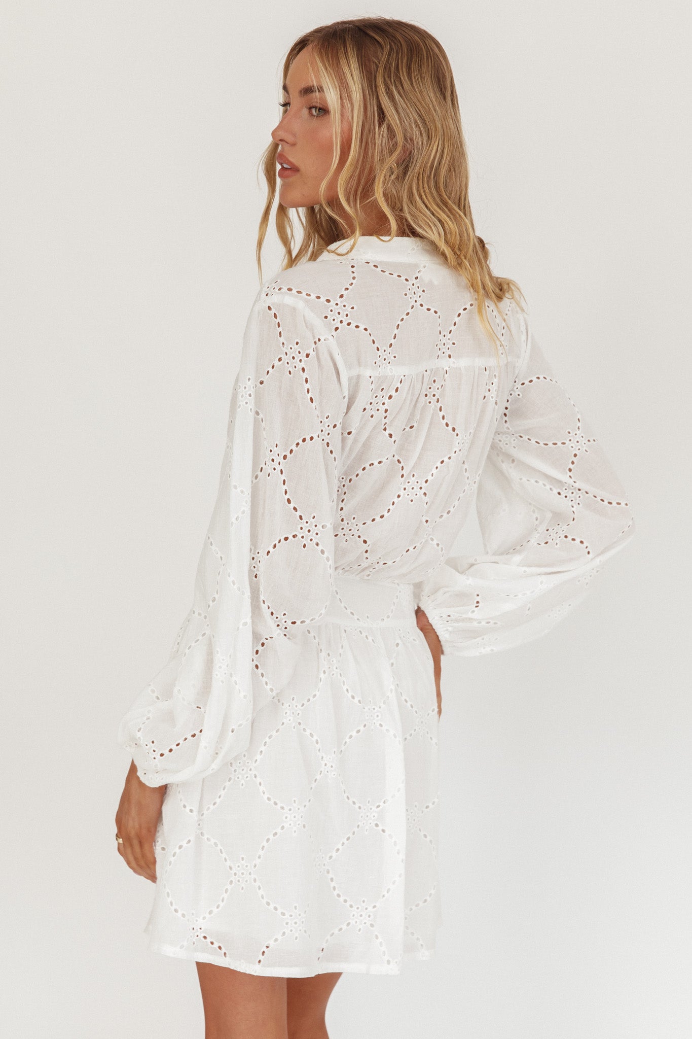 Flossy Eyelet Overlay Tie Mini Dress White-Maymioy