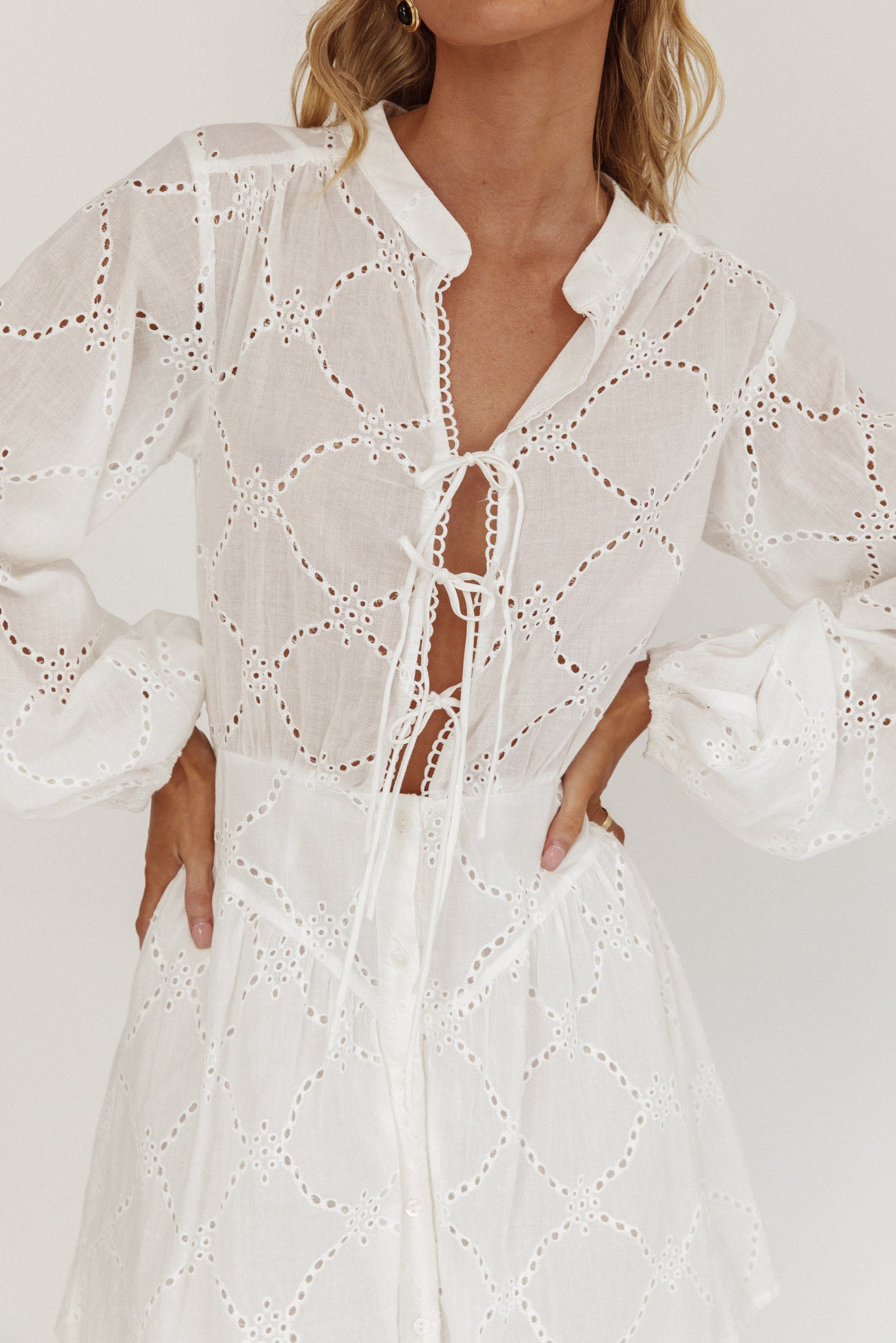 Flossy Eyelet Overlay Tie Mini Dress White-Maymioy