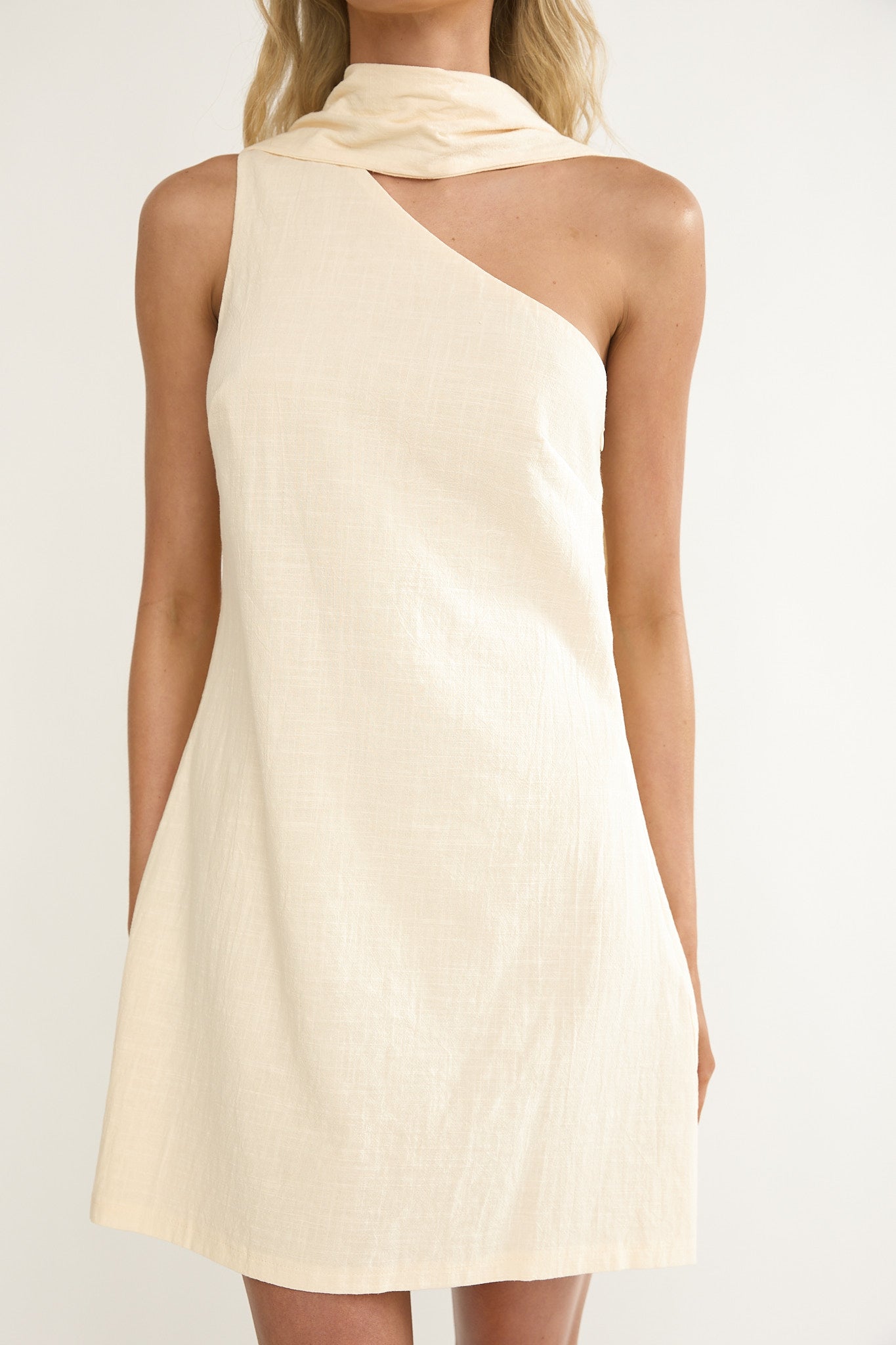 Gizelle One-Shoulder Scarf Mini Dress Oat-Maymioy