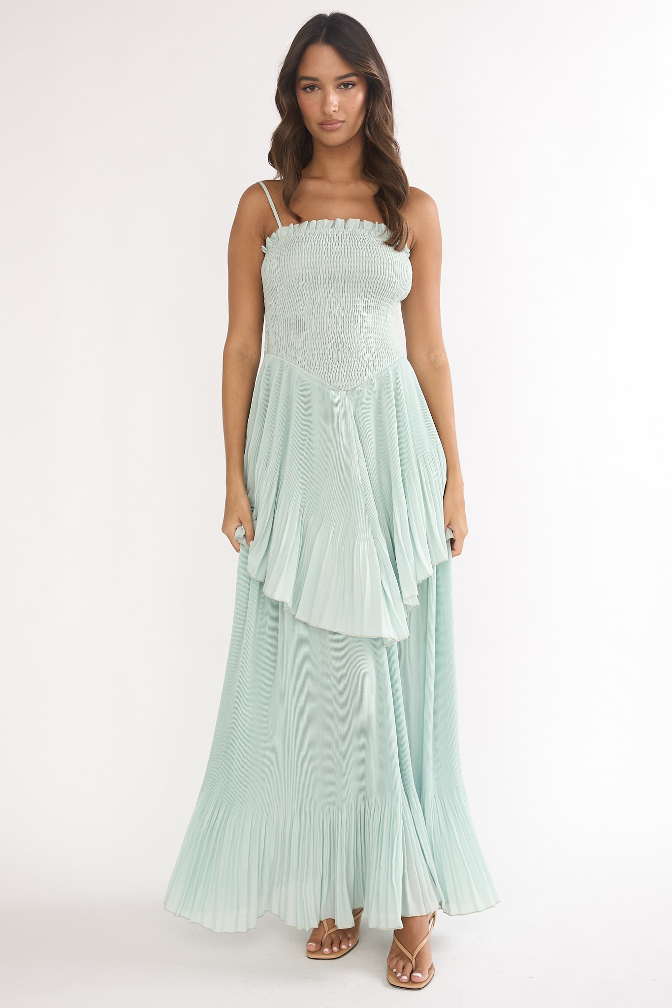Delin Smocked Layered Maxi Dress Sage-Maymioy