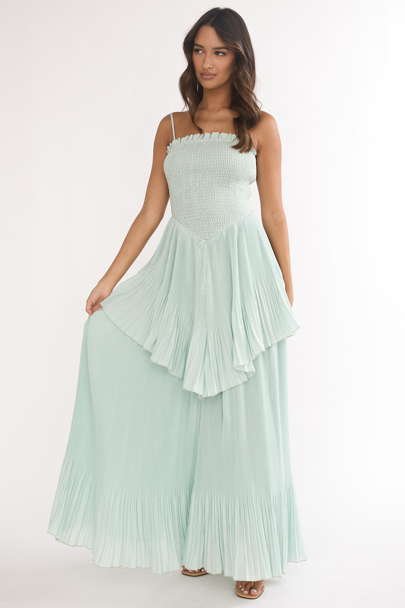 Delin Smocked Layered Maxi Dress Sage-Maymioy