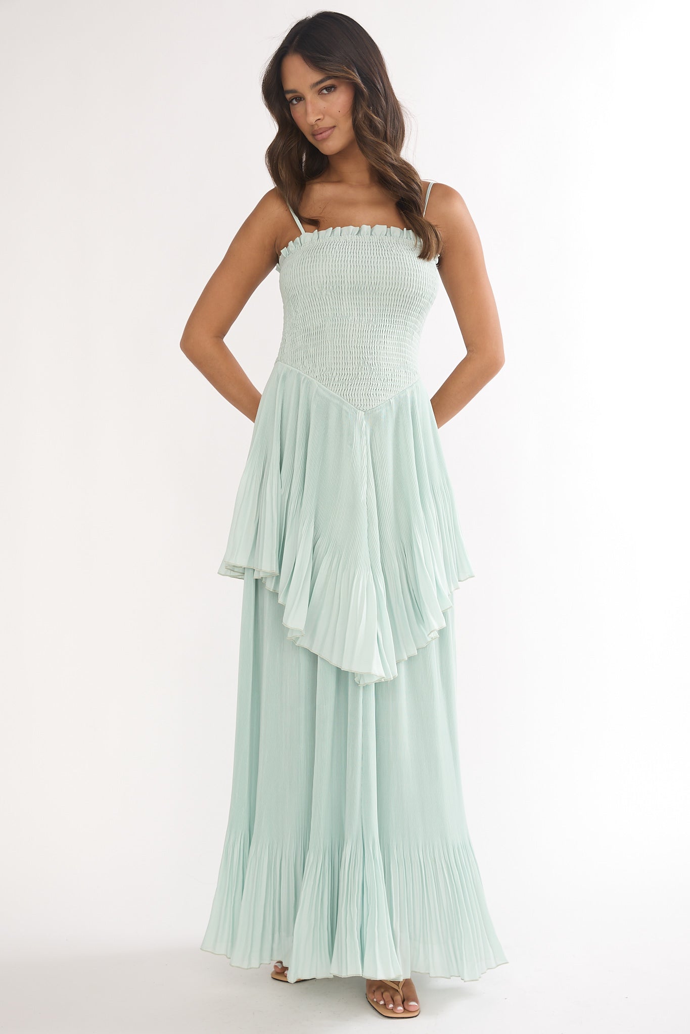 Delin Smocked Layered Maxi Dress Sage-Maymioy