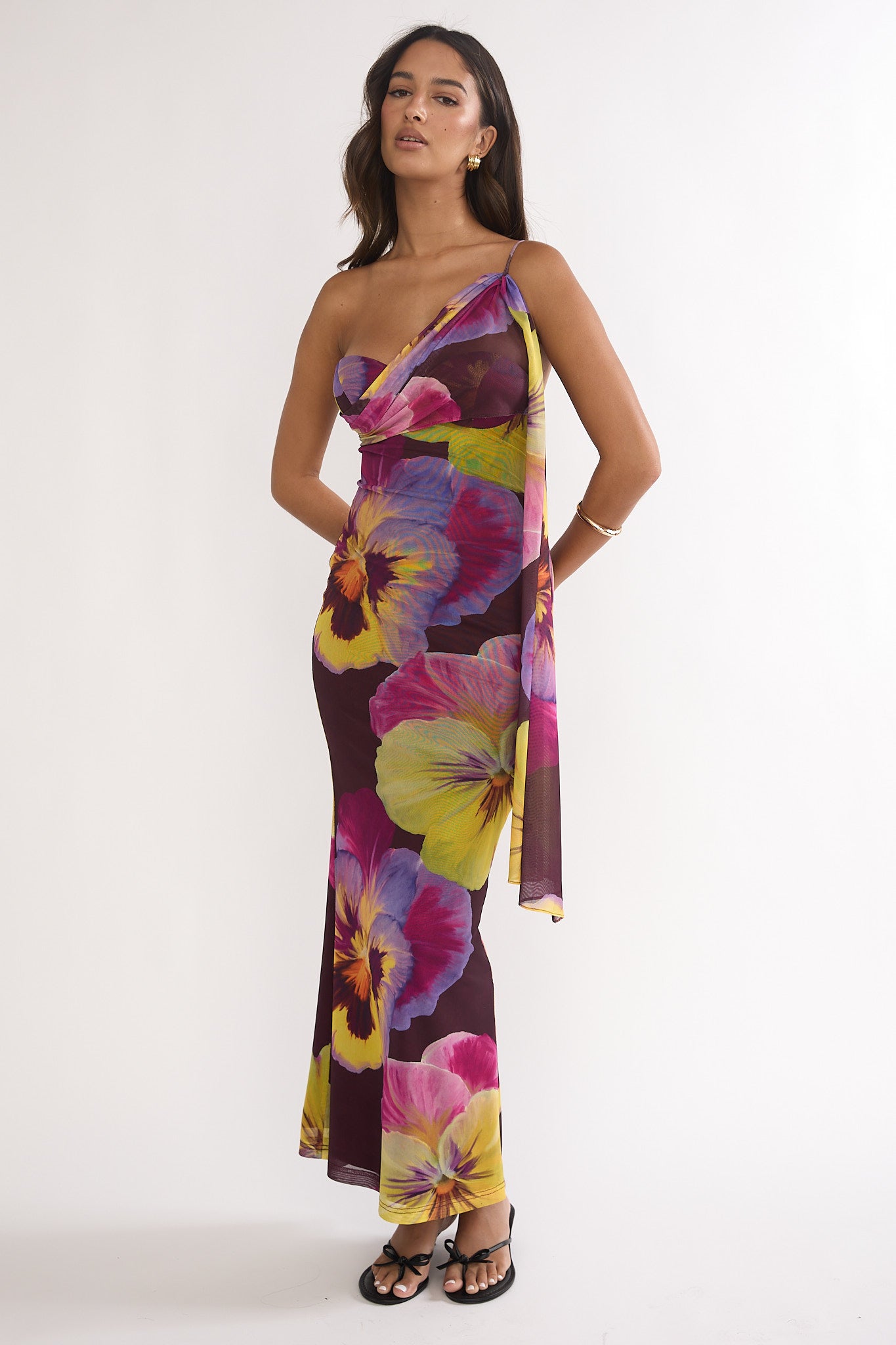 Tallis One-Shoulder Asymmetric Neckline Dress Brown-Maymioy