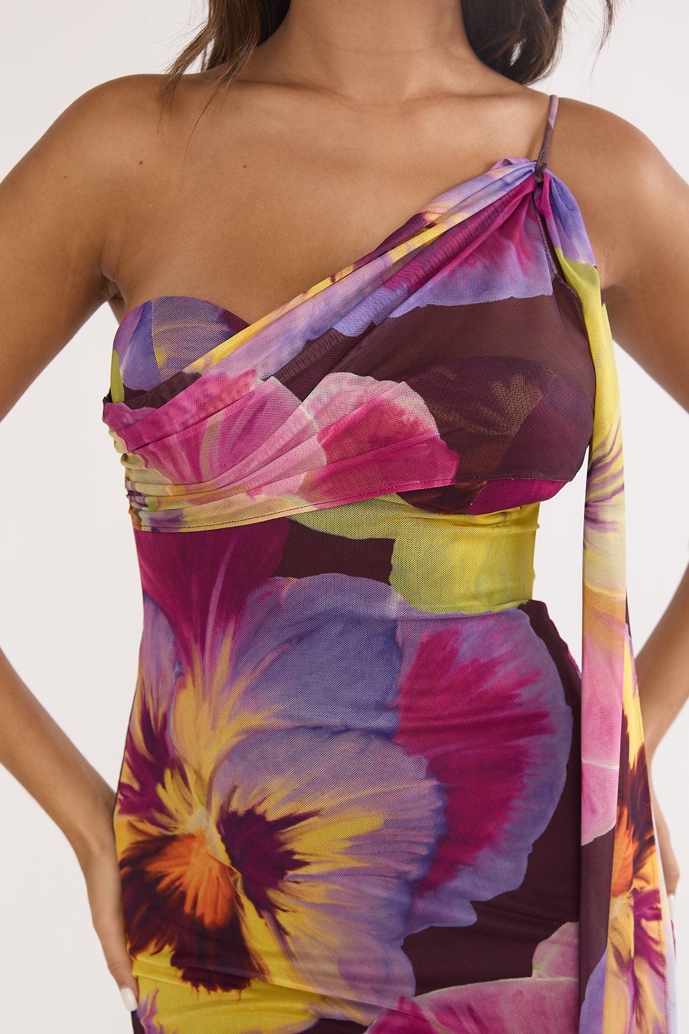 Tallis One-Shoulder Asymmetric Neckline Dress Brown-Maymioy