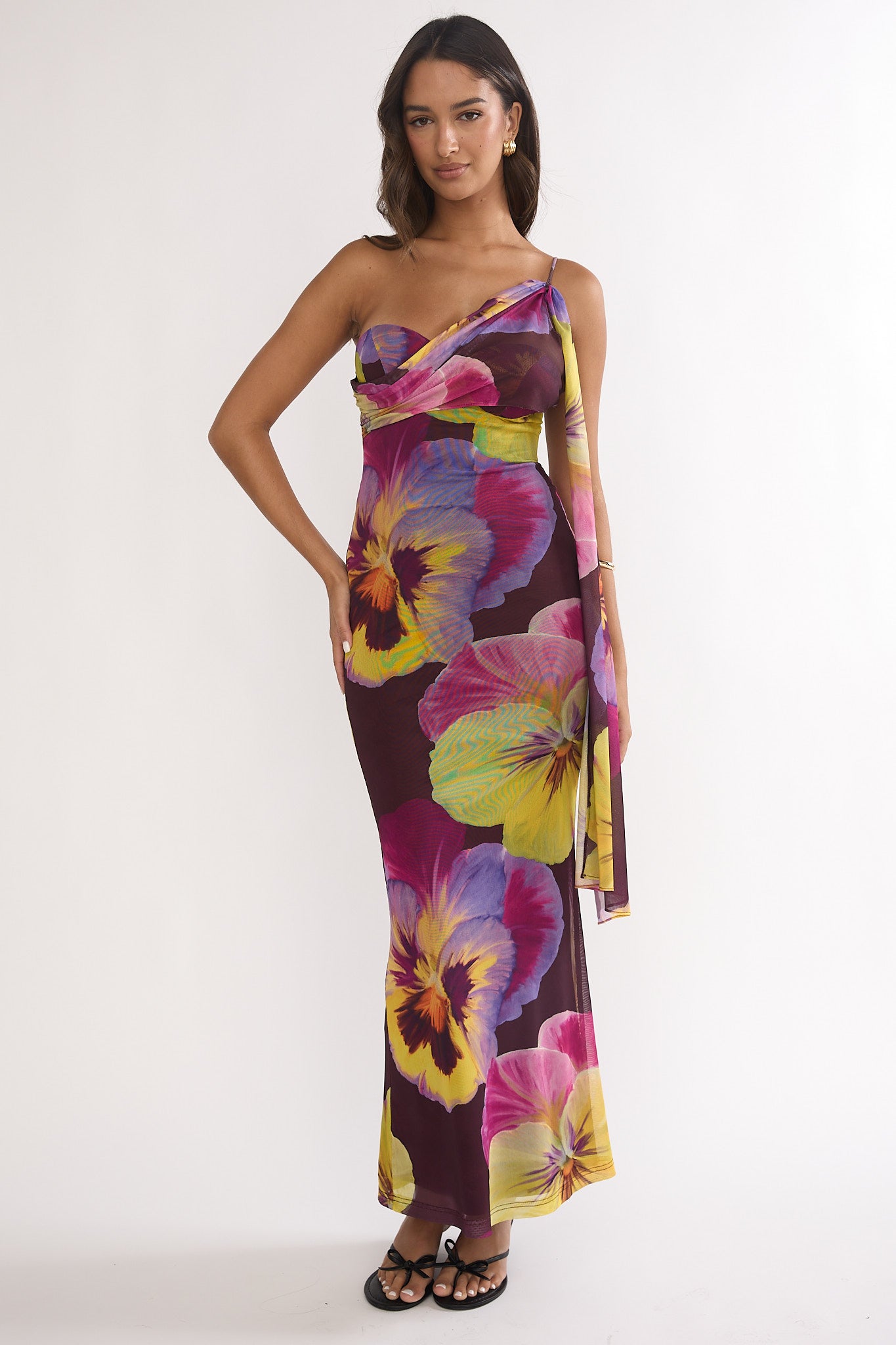 Tallis One-Shoulder Asymmetric Neckline Dress Brown-Maymioy