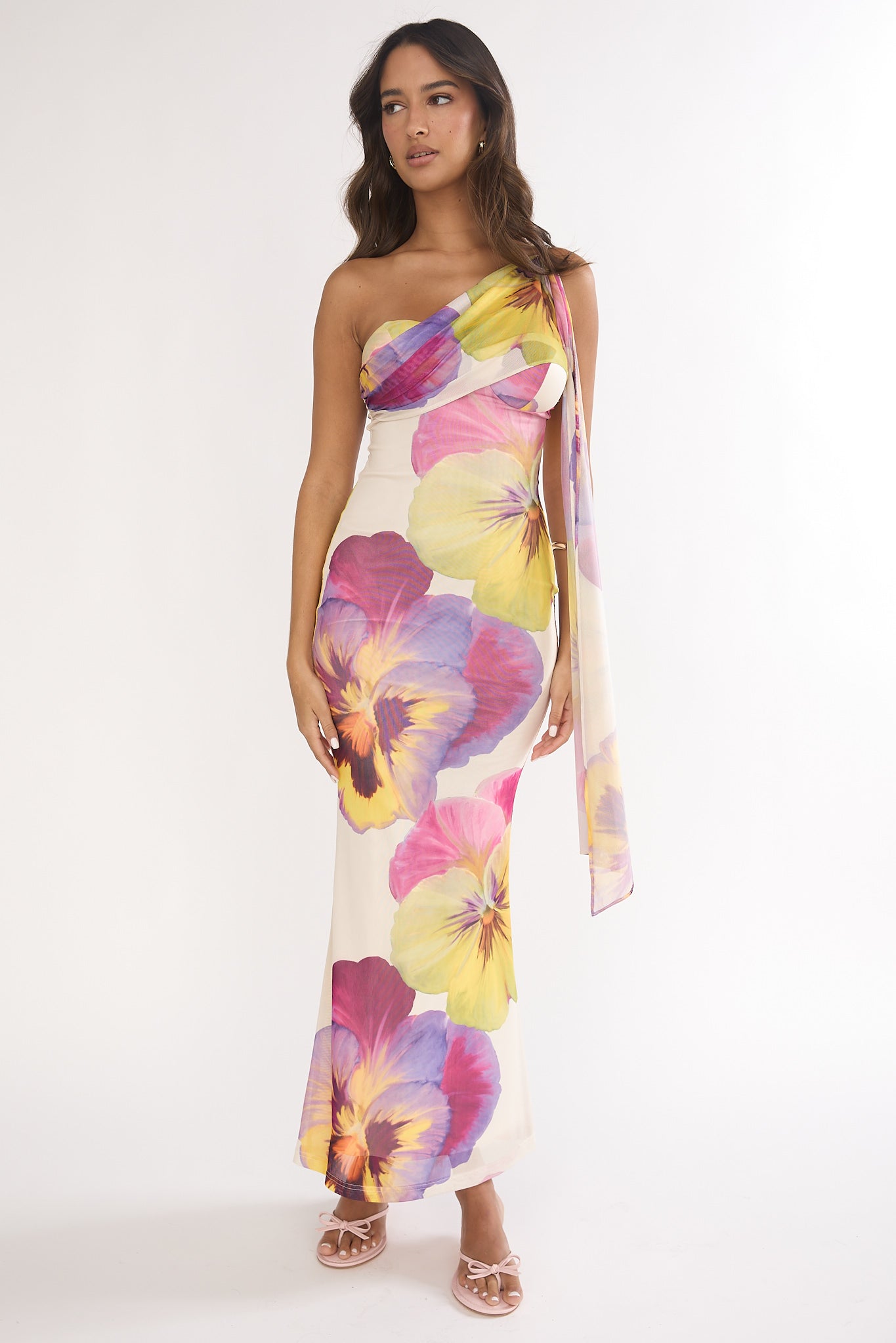 Tallis One-Shoulder Asymmetric Neckline Dress Beige-Maymioy