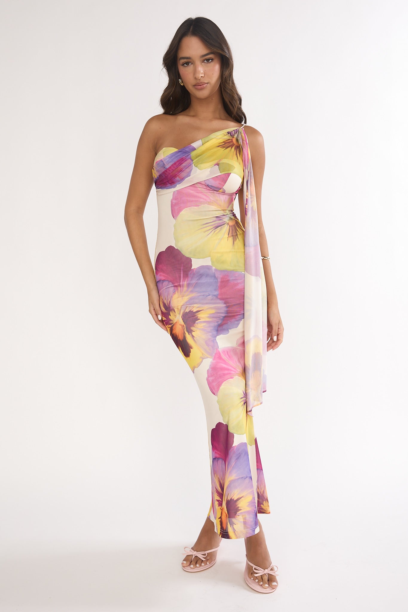 Tallis One-Shoulder Asymmetric Neckline Dress Beige-Maymioy