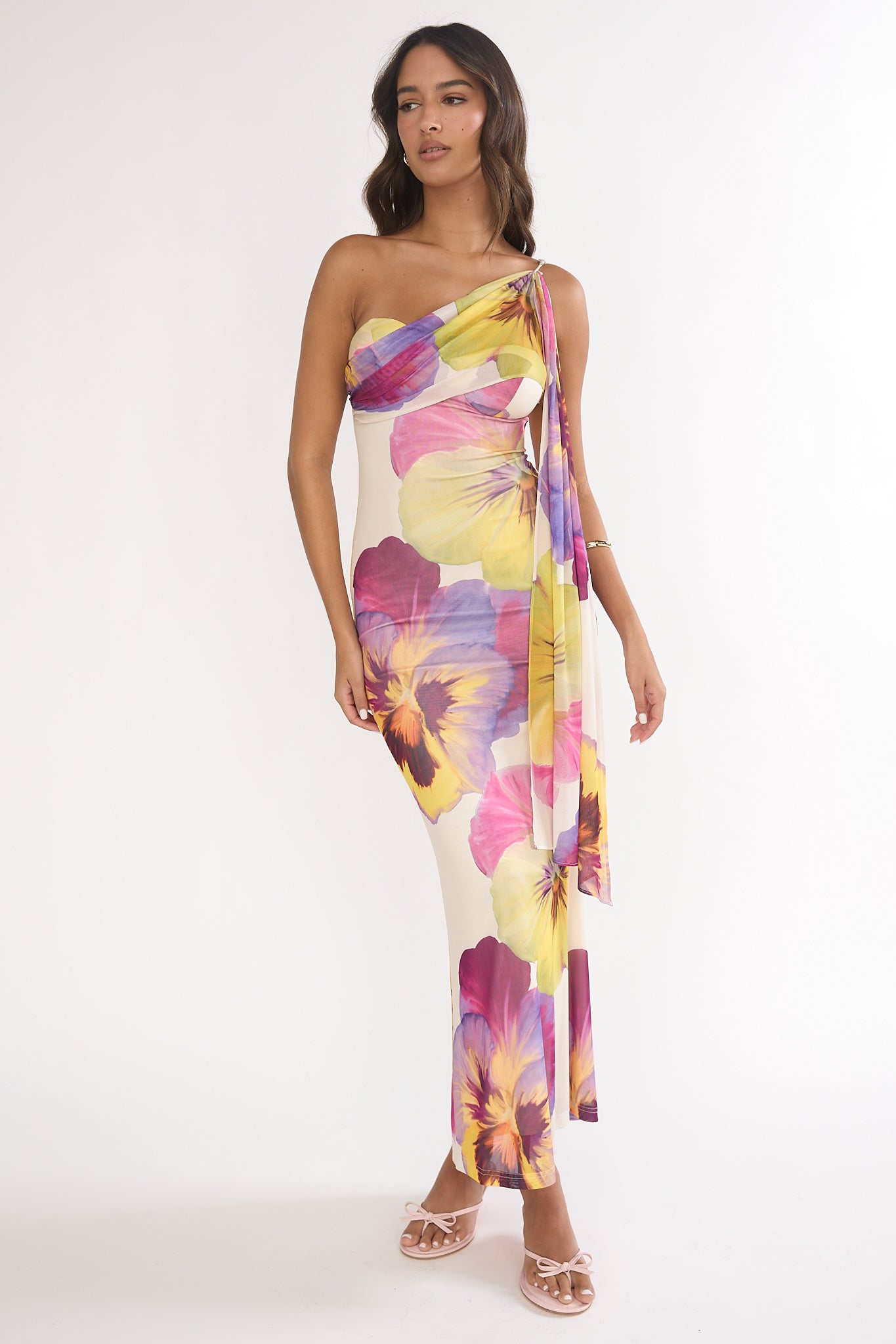 Tallis One-Shoulder Asymmetric Neckline Dress Beige-Maymioy