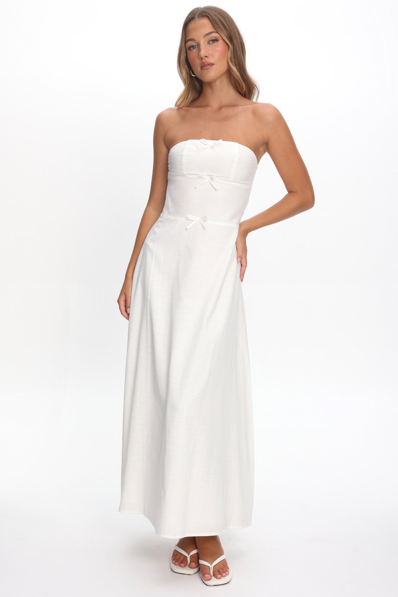 Celandra Bow Bodice Maxi Dress White-Maymioy