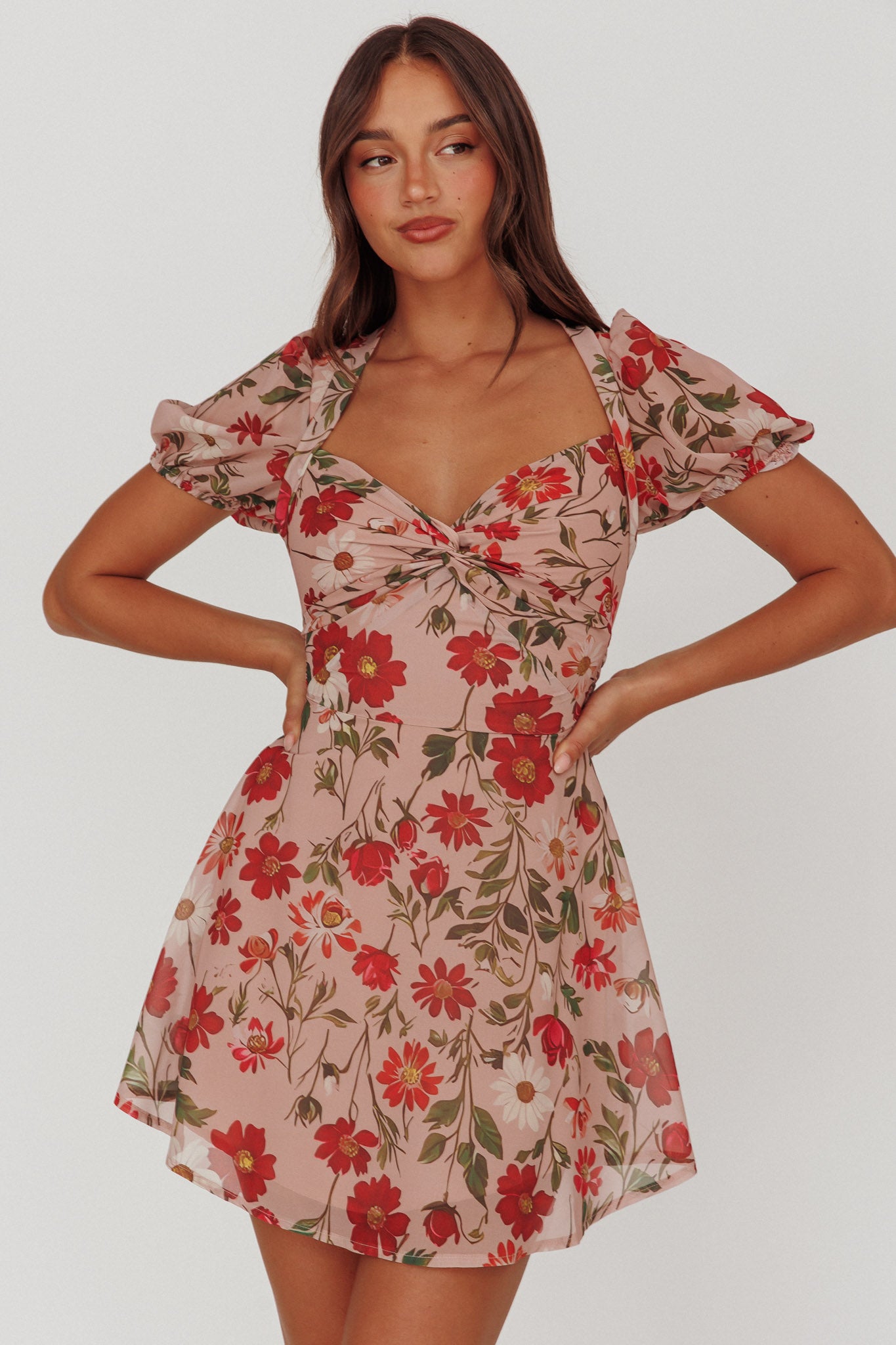 Dillon Twist Bust Mini Dress Floral Beige-Maymioy