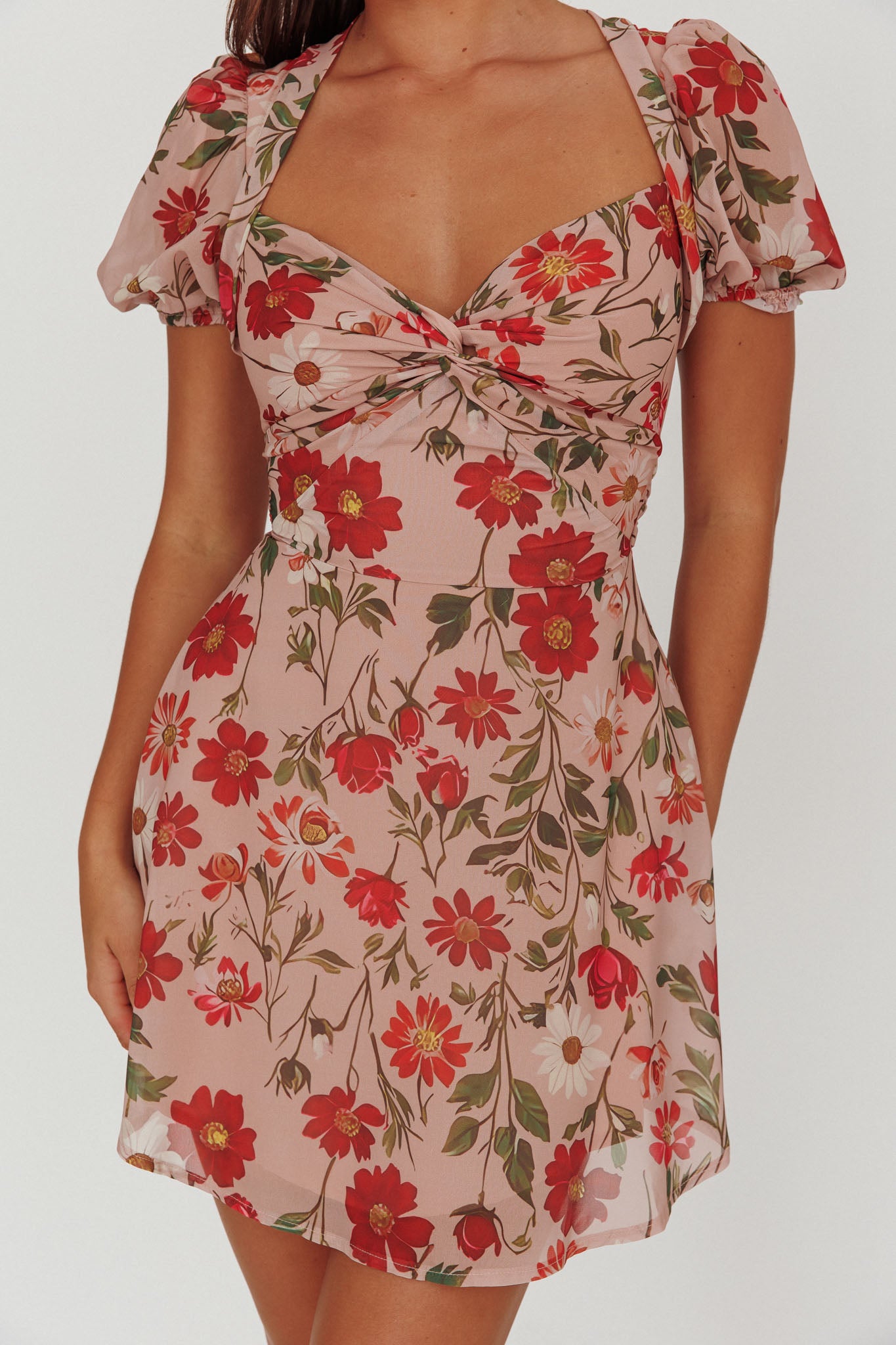 Dillon Twist Bust Mini Dress Floral Beige-Maymioy