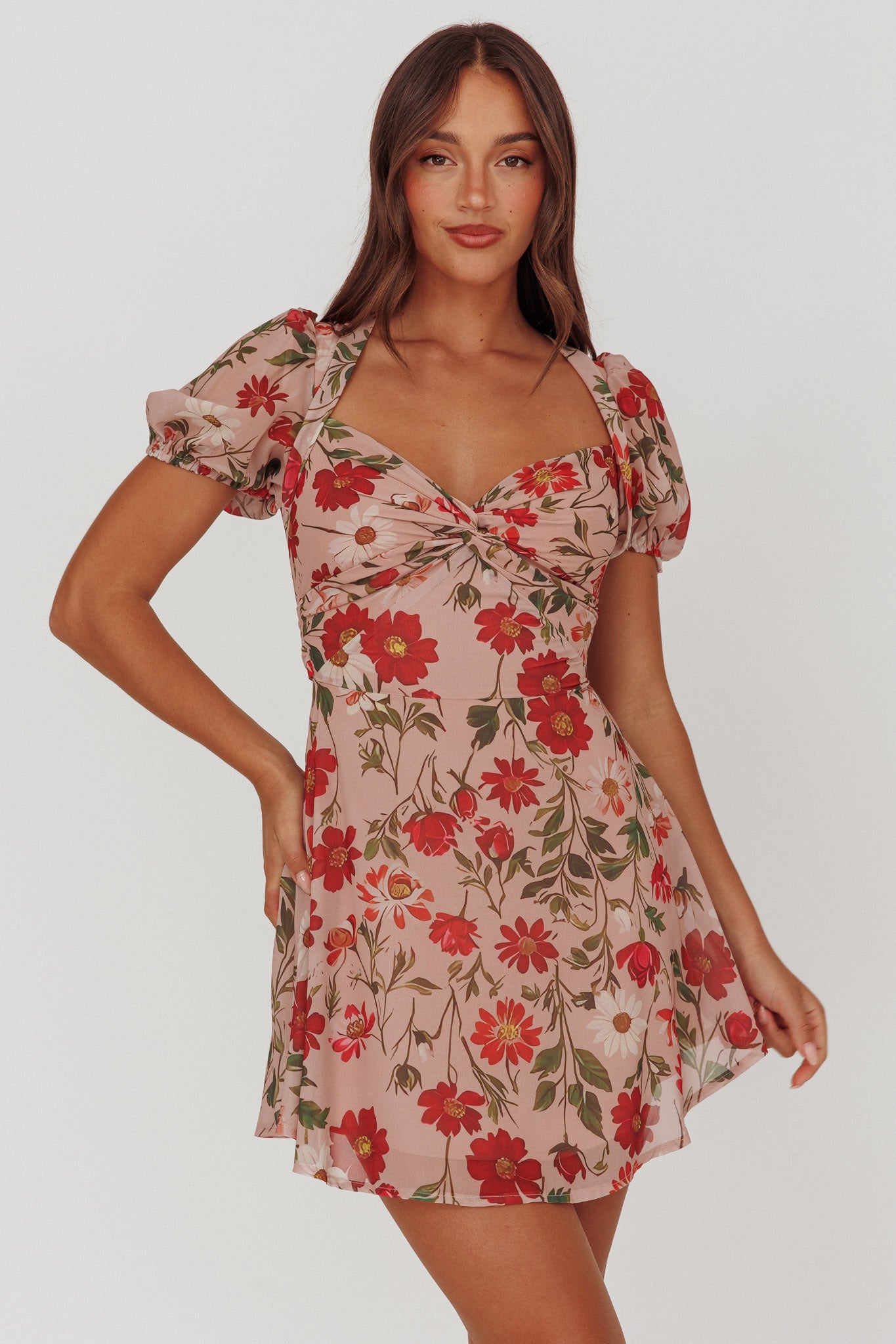 Dillon Twist Bust Mini Dress Floral Beige-Maymioy