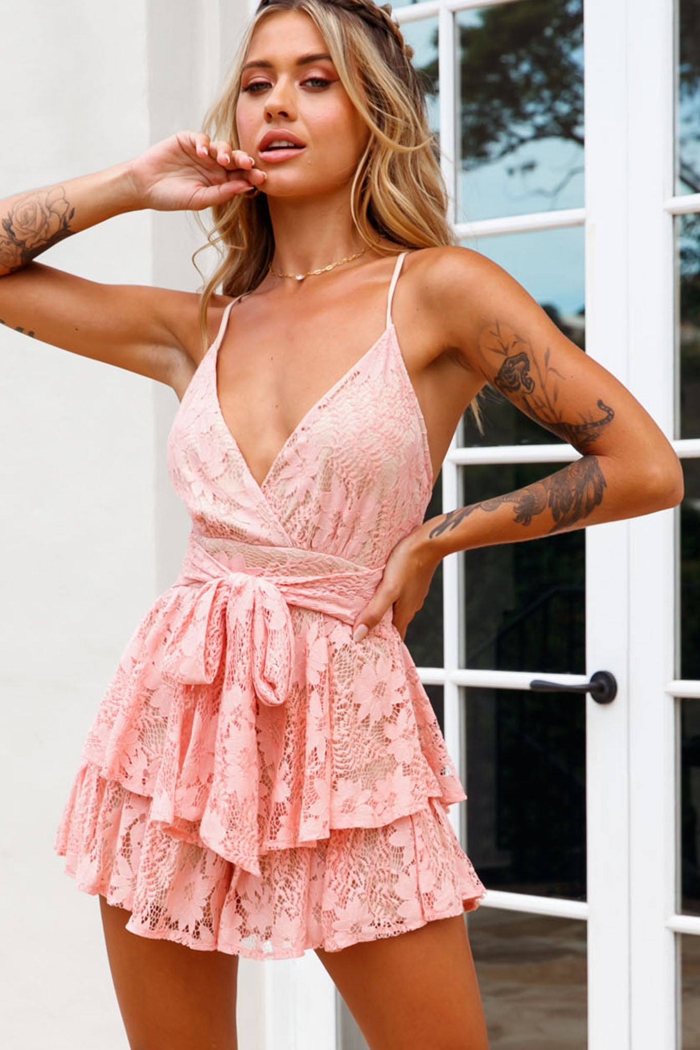 Maddox Fit & Flare Cami Strap Romper Floral Lace Blush-Maymioy