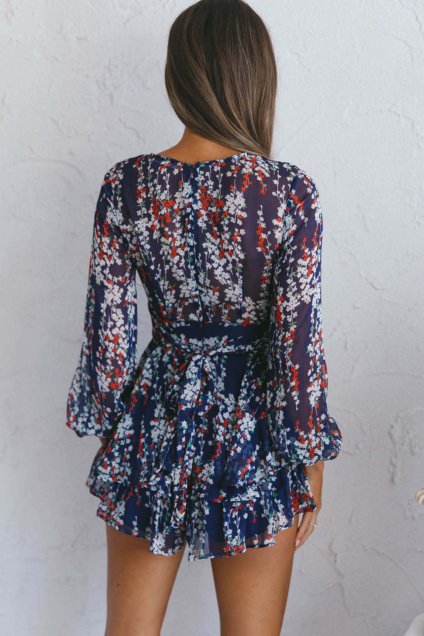 Maddox Fit & Flare Long Sleeve Romper Floral Vine Navy-Maymioy
