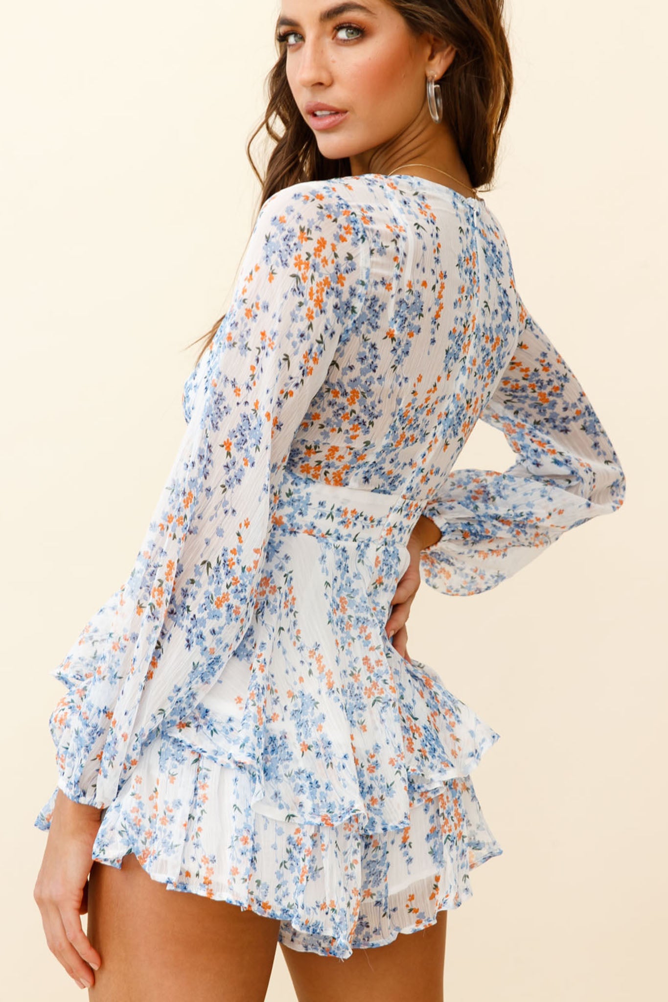 Maddox Fit & Flare Long Sleeve Romper Floral Vine White-Maymioy