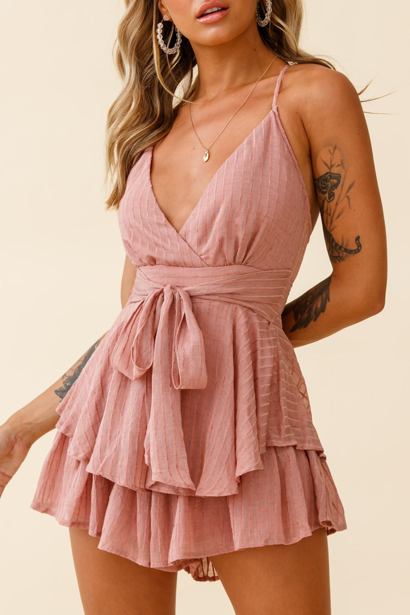 Maddox Fit & Flare Cami Strap Romper Textured Stripe Rose-Maymioy