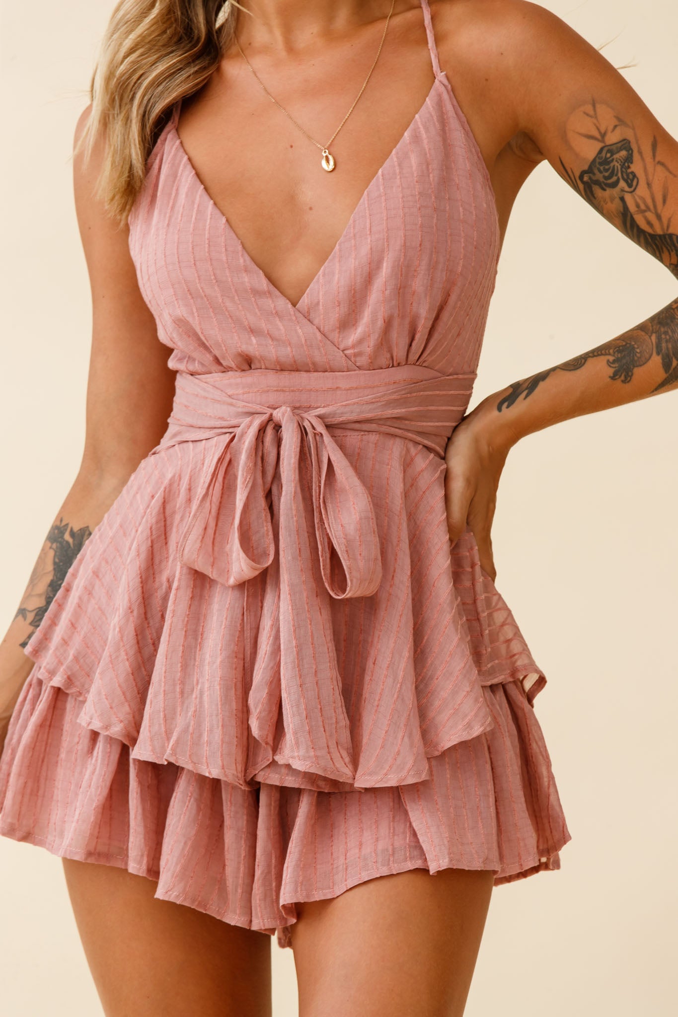 Maddox Fit & Flare Cami Strap Romper Textured Stripe Rose-Maymioy