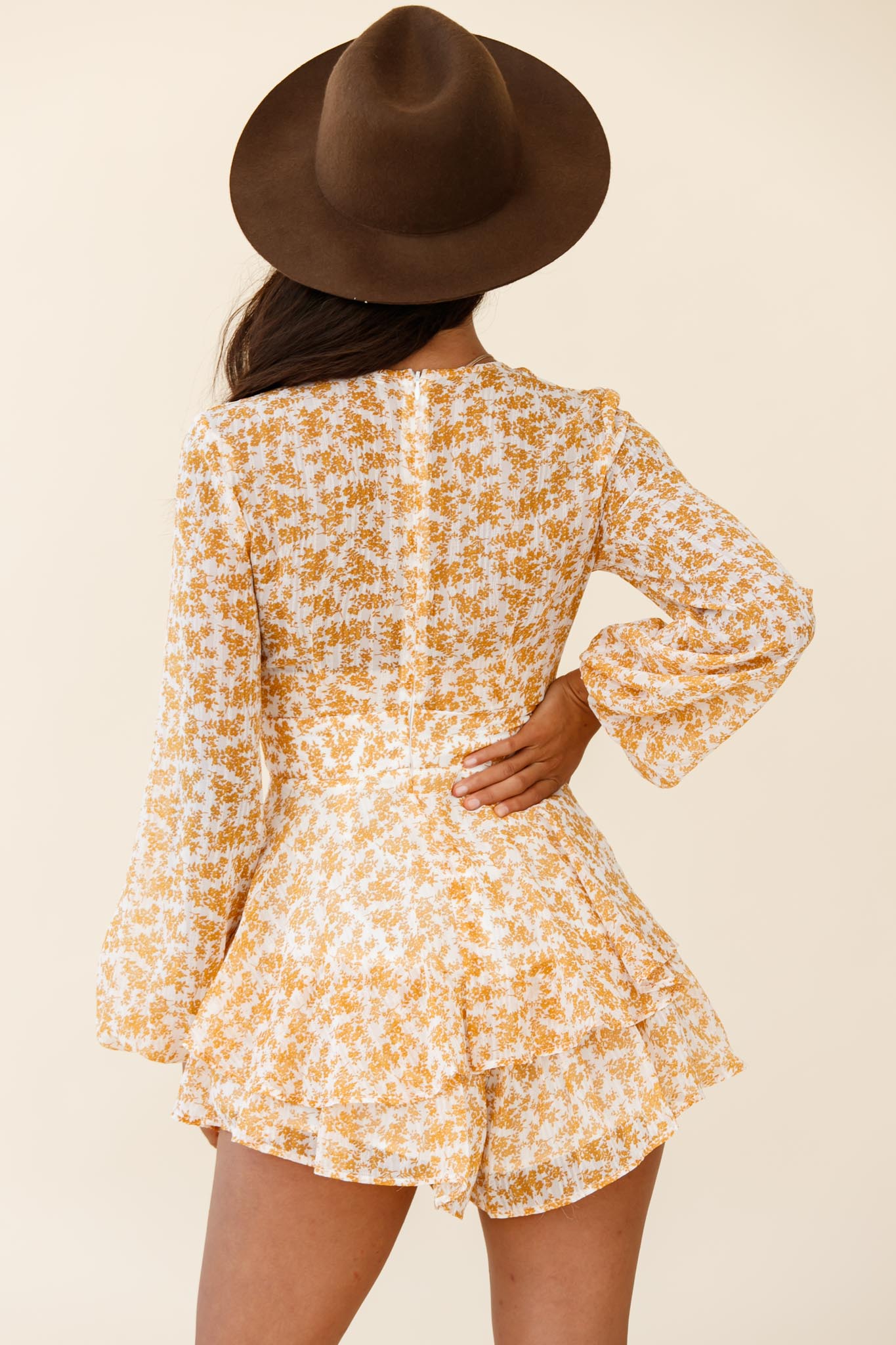 Maddox Fit & Flare Long Sleeve Romper Dainty Floral Print Mustard-Maymioy