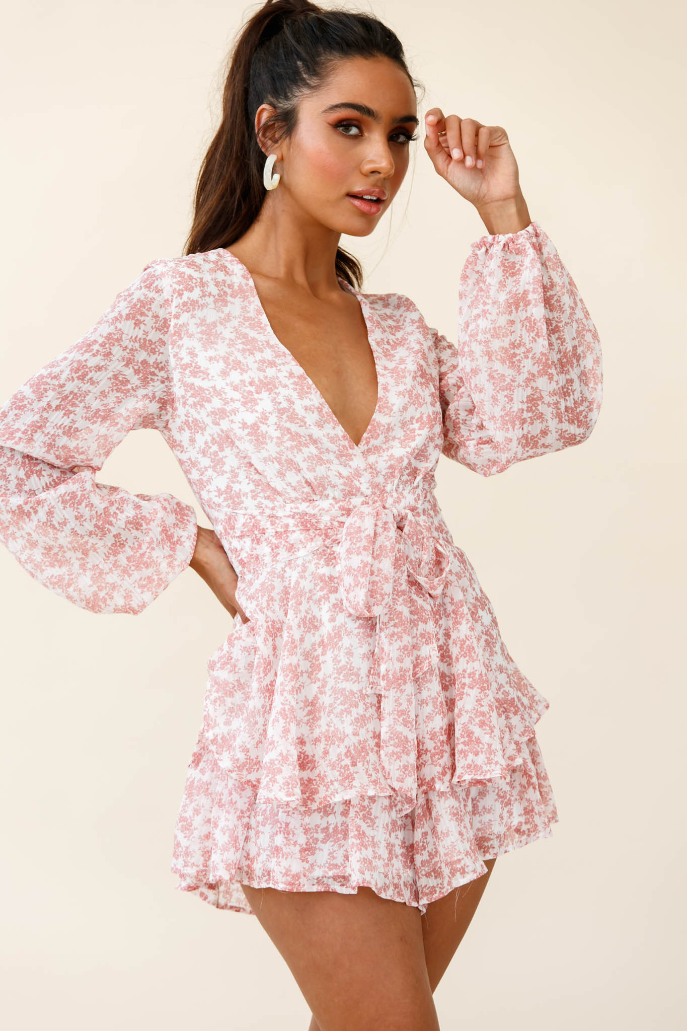 Maddox Fit & Flare Long Sleeve Romper Dainty Floral Print Pink-Maymioy