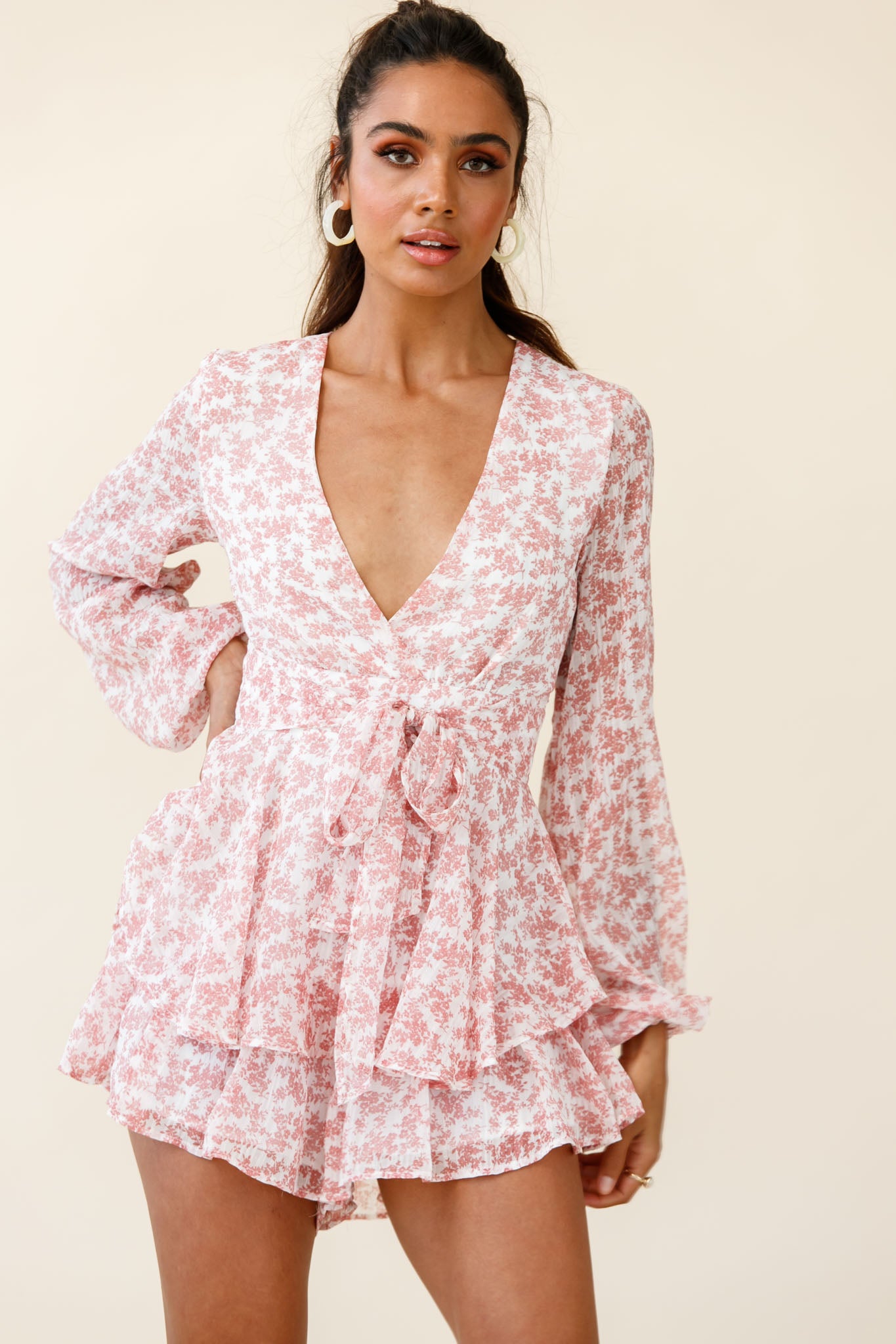 Maddox Fit & Flare Long Sleeve Romper Dainty Floral Print Pink-Maymioy