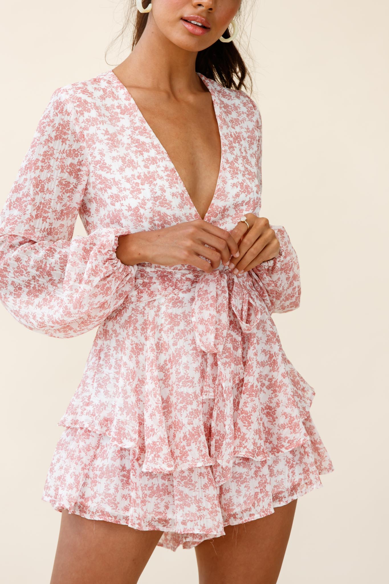 Maddox Fit & Flare Long Sleeve Romper Dainty Floral Print Pink-Maymioy