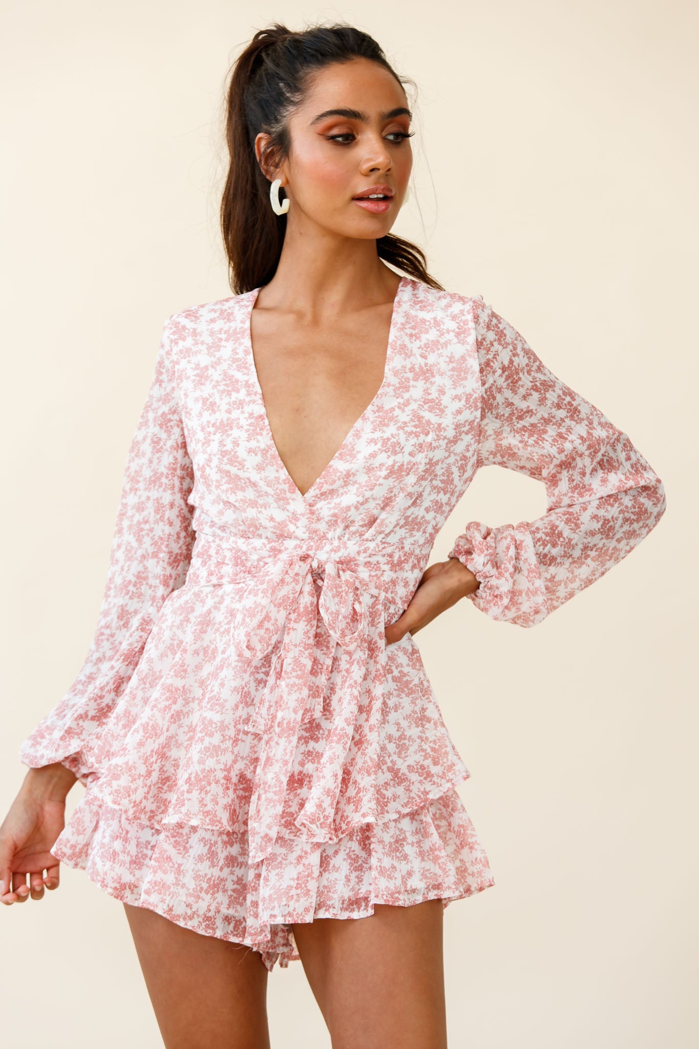 Maddox Fit & Flare Long Sleeve Romper Dainty Floral Print Pink-Maymioy