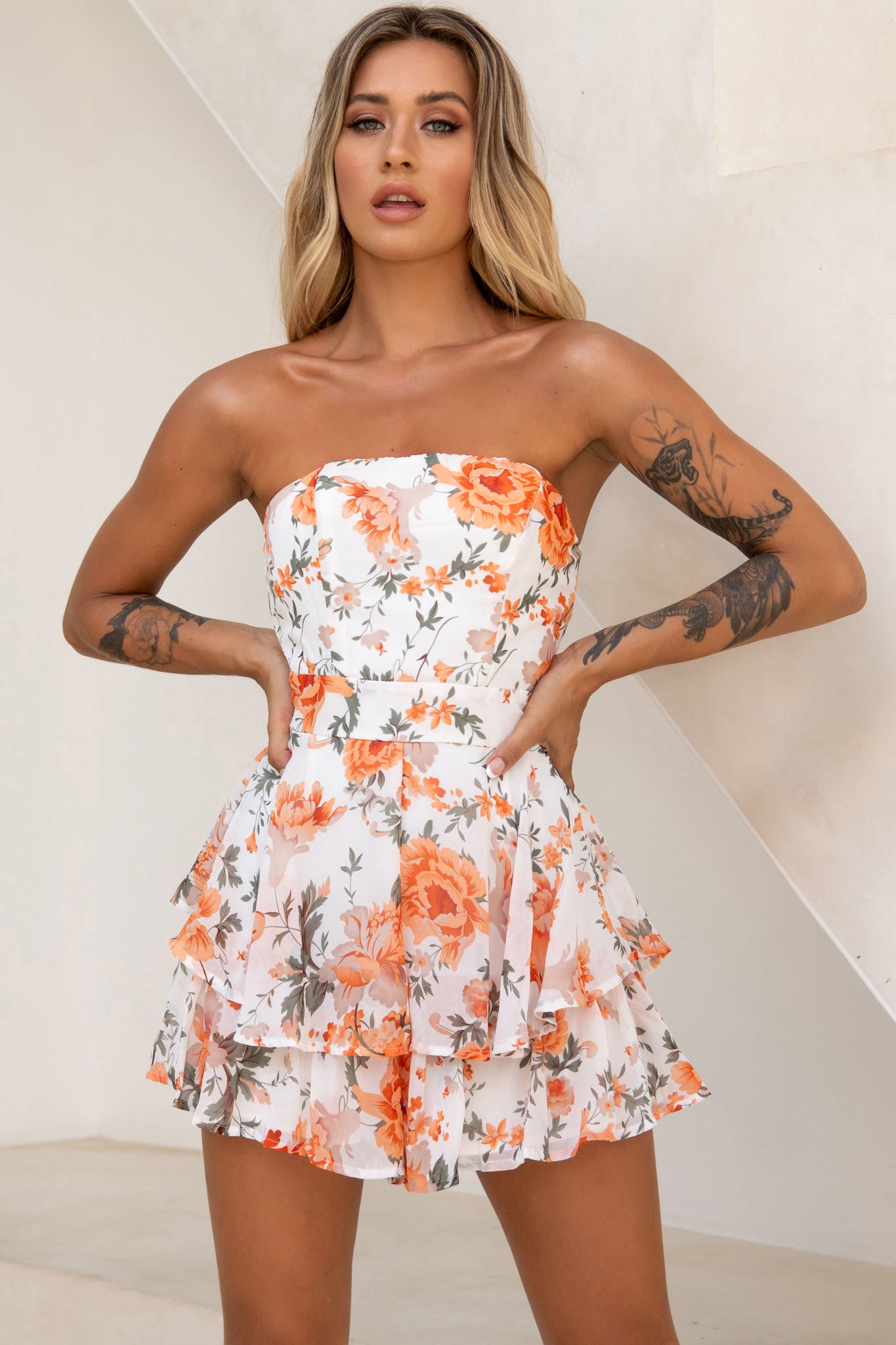 Maddox Fit & Flare Bandeau Romper Rose Print Orange-Maymioy
