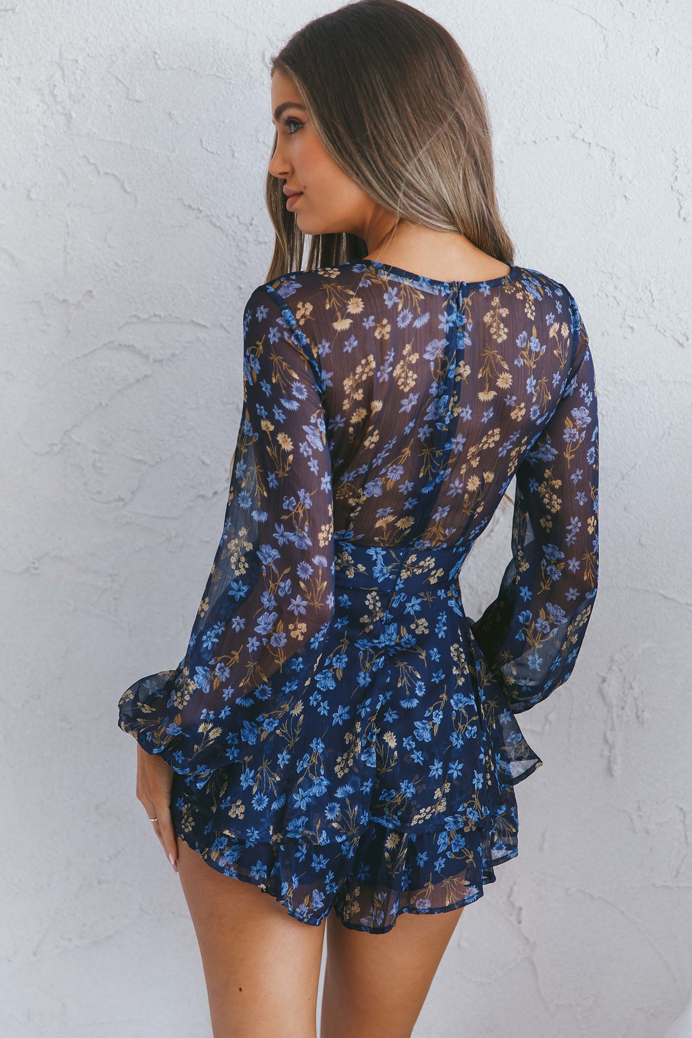 Maddox Fit & Flare Long Sleeve Romper Botanic Print Navy-Maymioy