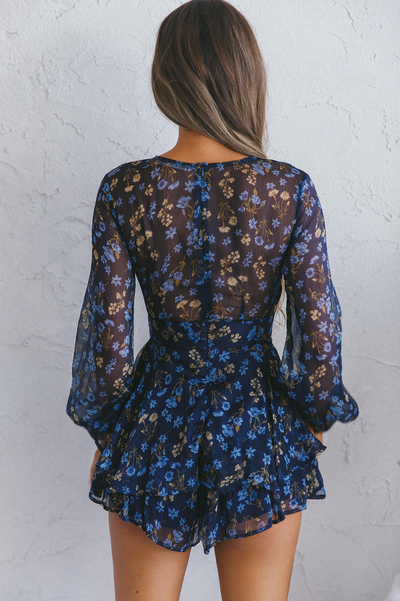 Maddox Fit & Flare Long Sleeve Romper Botanic Print Navy-Maymioy