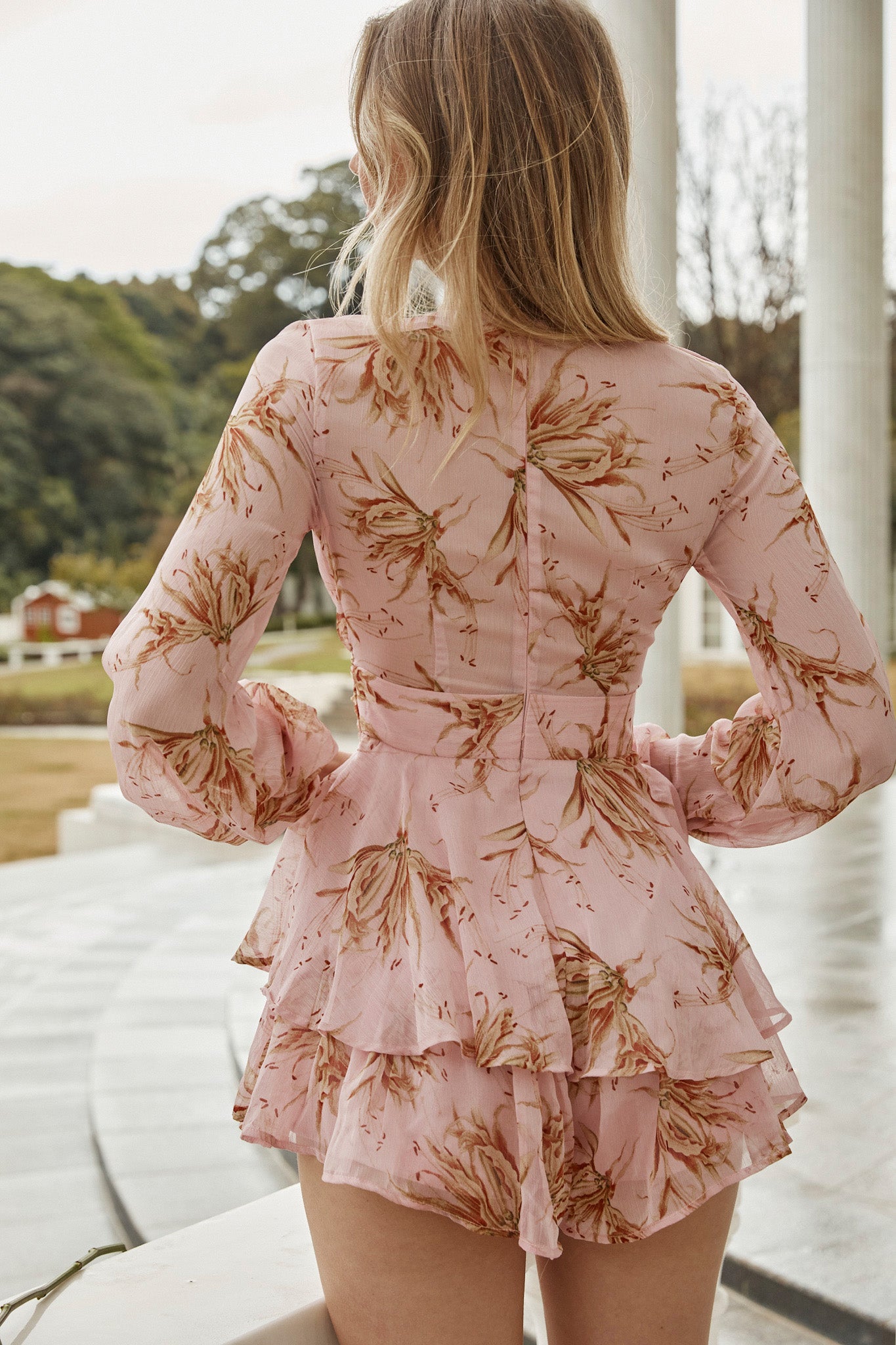 Maddox Fit & Flare Long Sleeve Romper Lily Print Pink-Maymioy