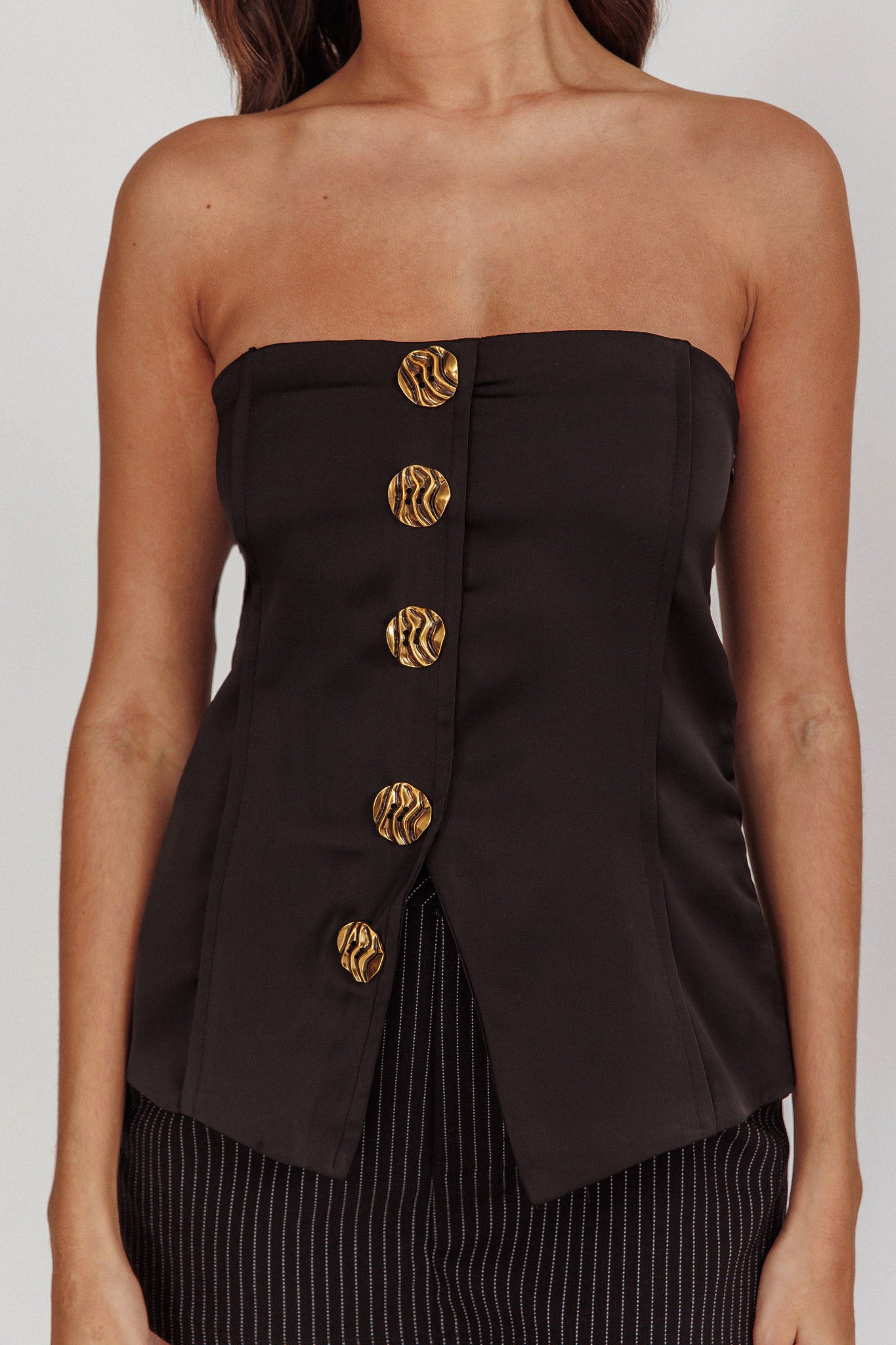 Danni Strapless Gold Button Top Black-Maymioy