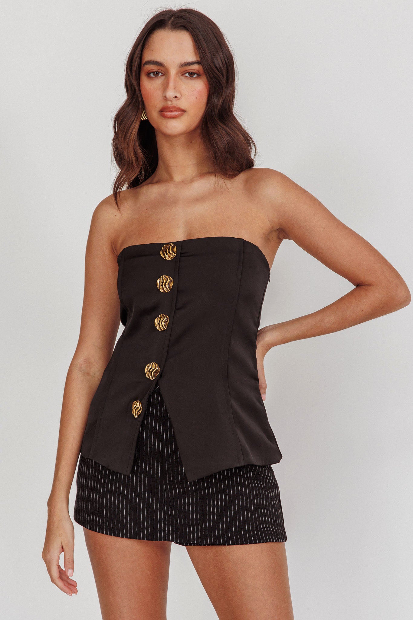 Danni Strapless Gold Button Top Black-Maymioy