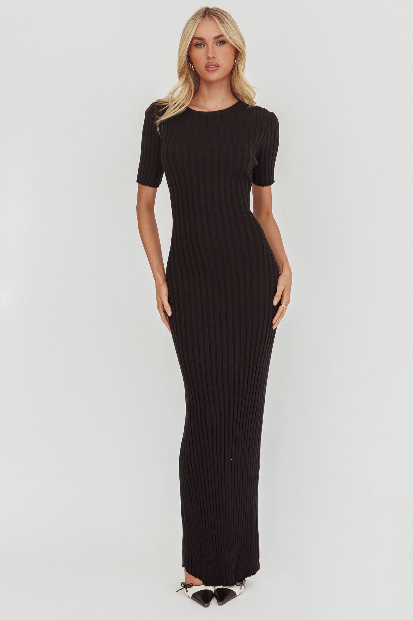 Faylen Waist Tie Ribbed Knit Maxi Dress Black-Maymioy