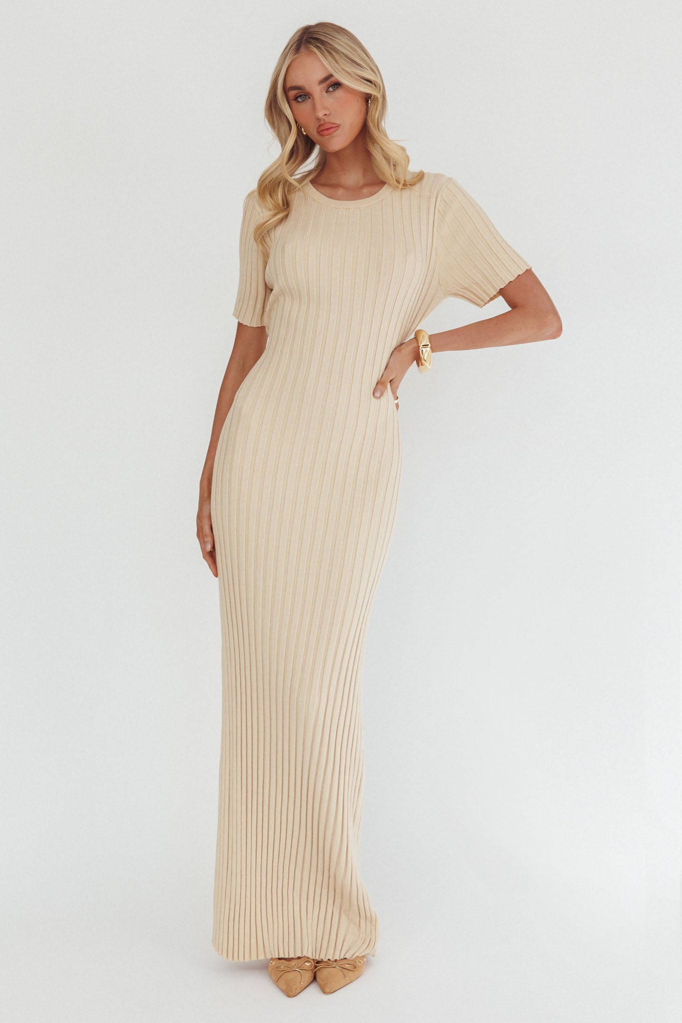 Faylen Waist Tie Ribbed Knit Maxi Dress Cream-Maymioy
