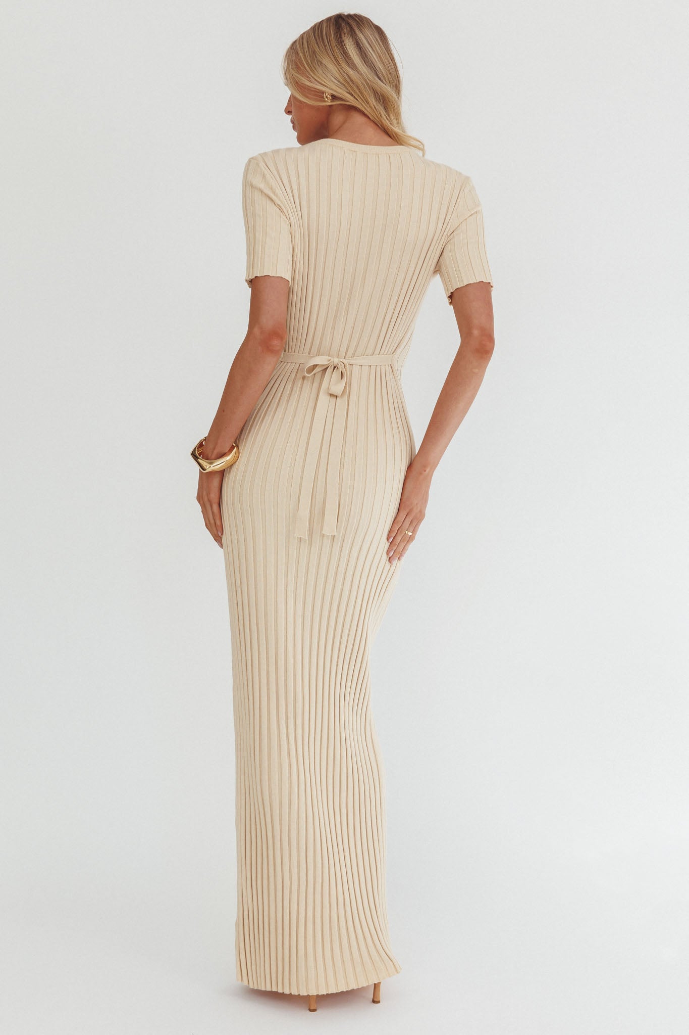 Faylen Waist Tie Ribbed Knit Maxi Dress Cream-Maymioy