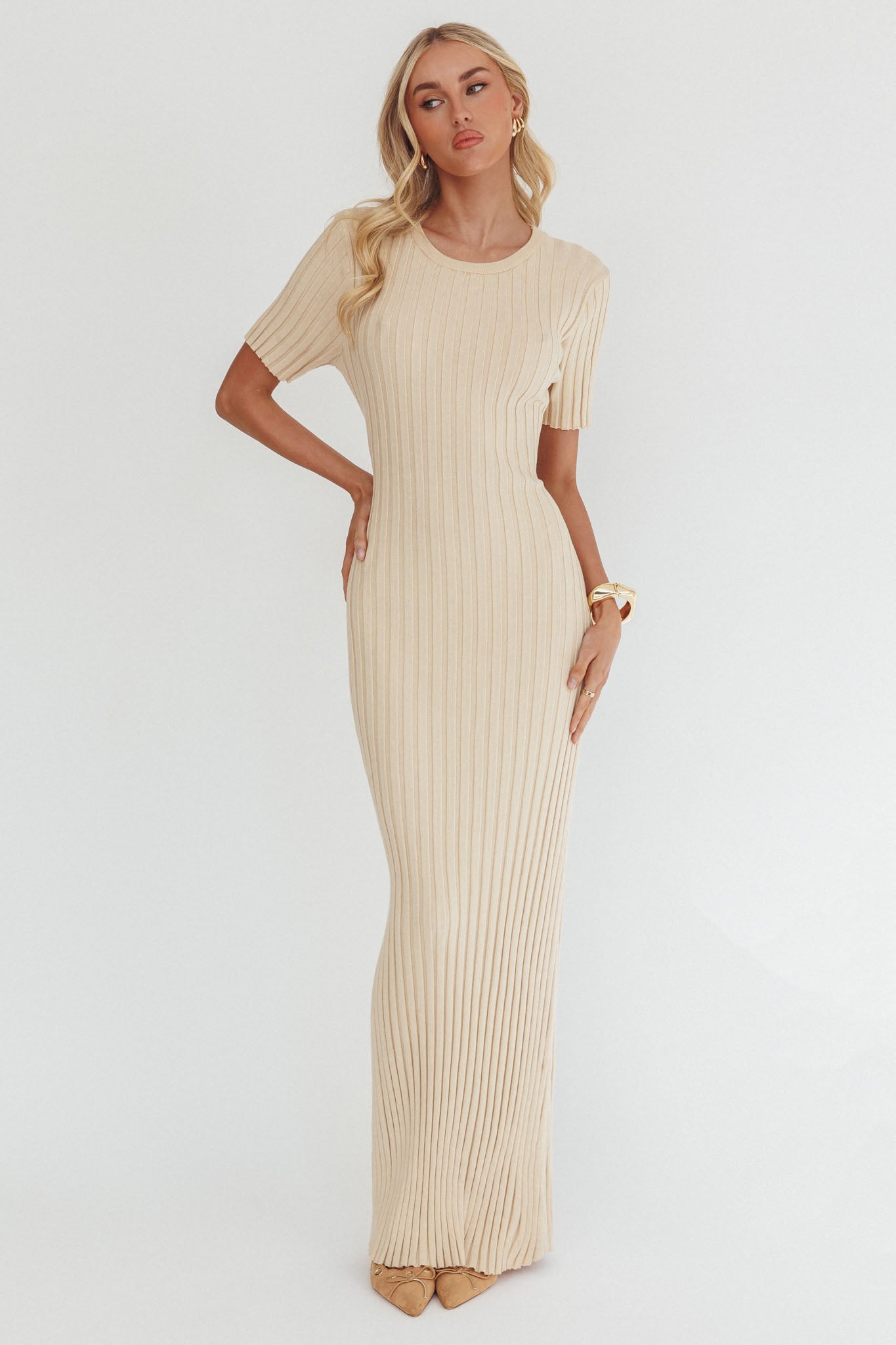 Faylen Waist Tie Ribbed Knit Maxi Dress Cream-Maymioy