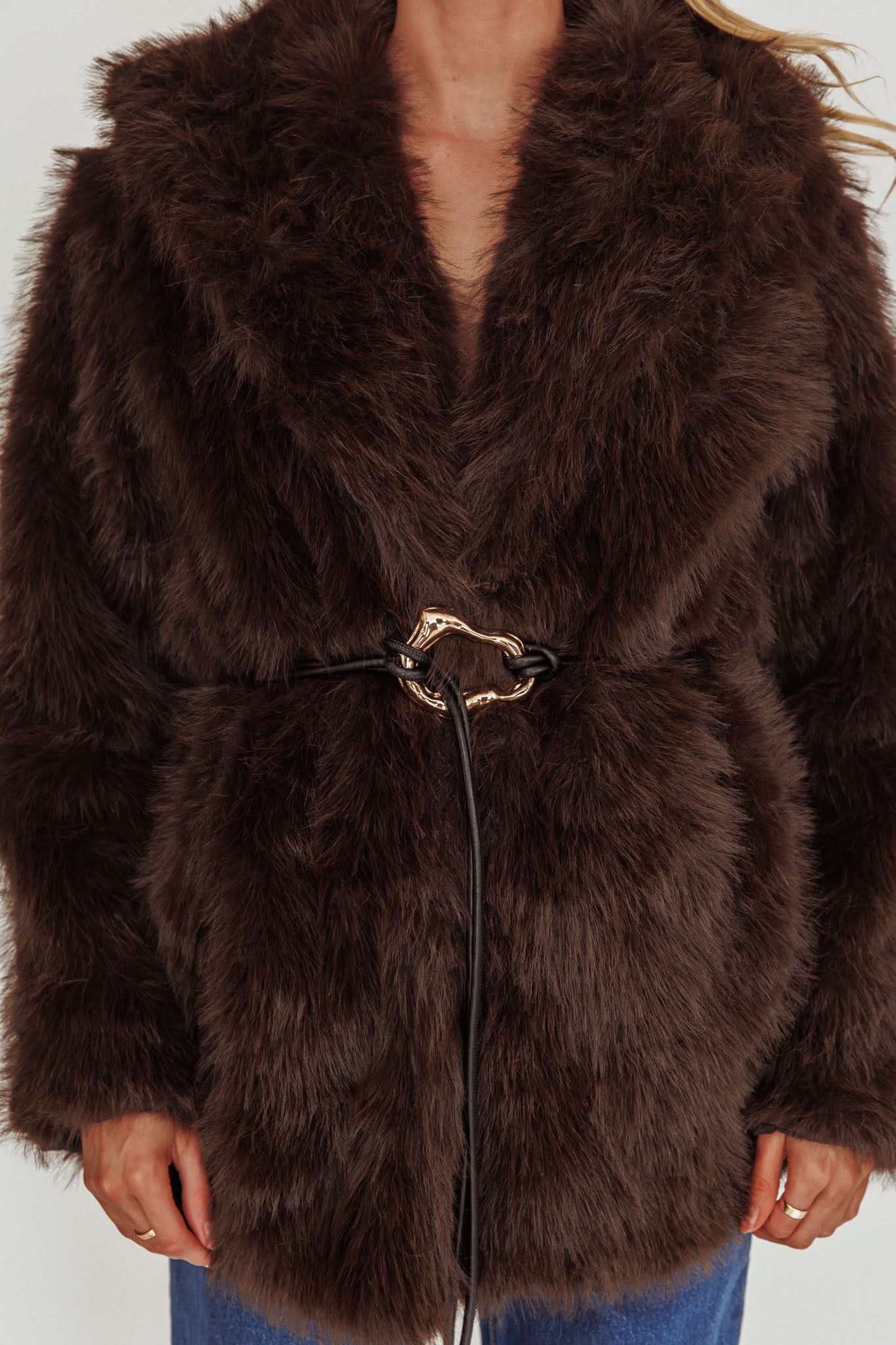 Brisa Belted Lapel Coat Faux Fur Brown-Maymioy