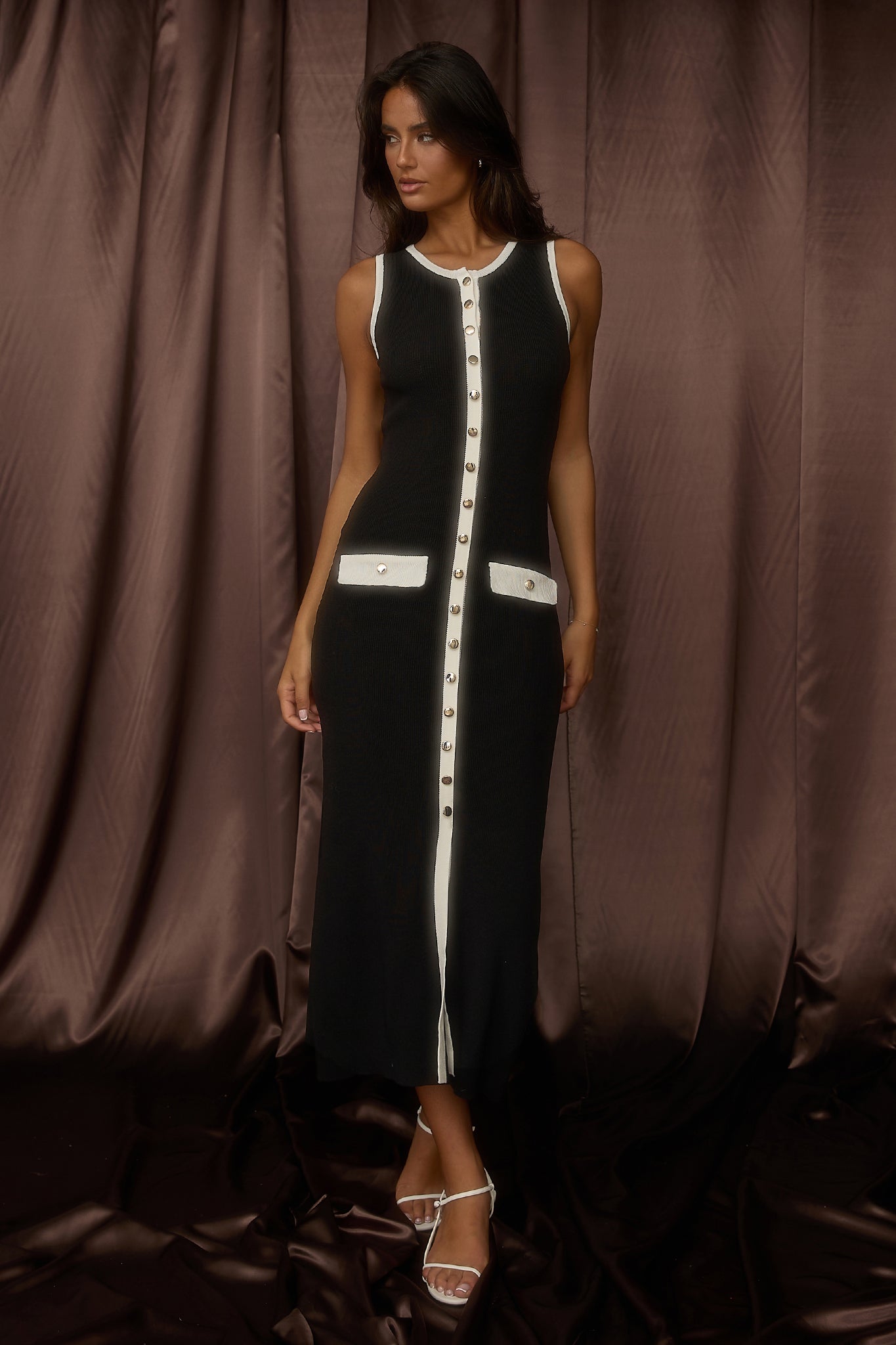 Thessa Faux Placket Knit Maxi Dress Black-Maymioy