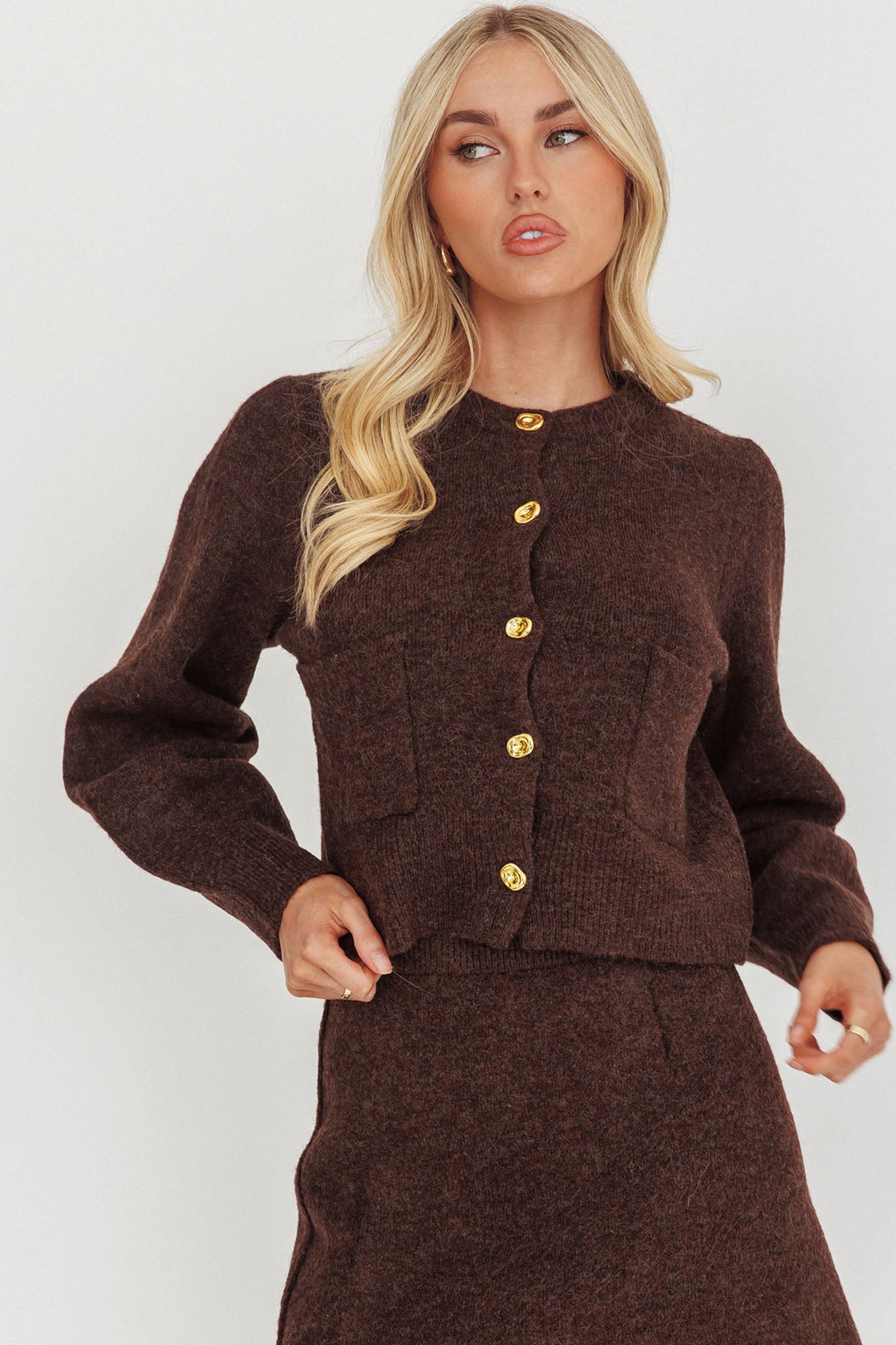 Daelyn Gold Button Pocket Cardigan Coffee-Maymioy