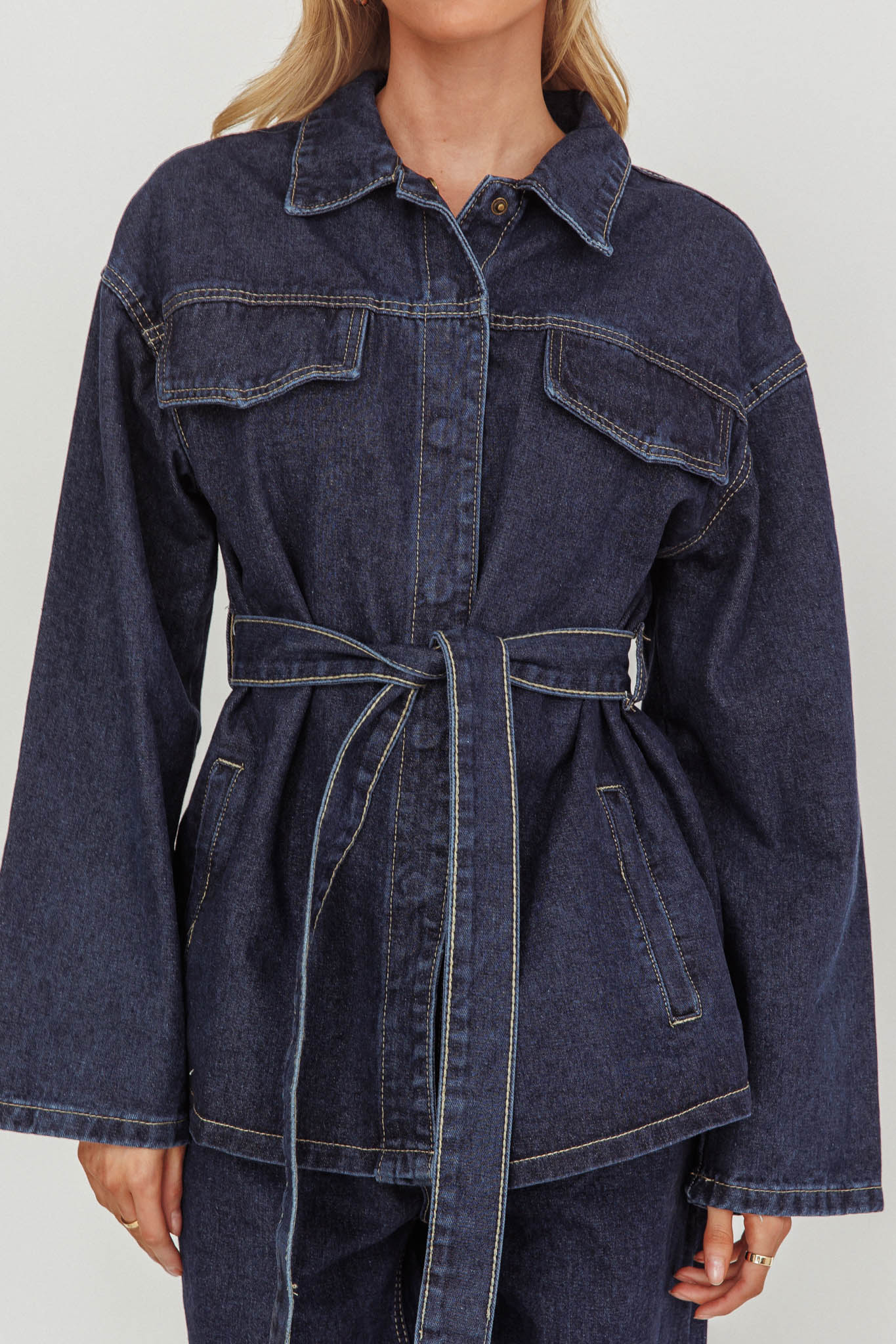 Belisse Waist Tie Button Jacket Denim Blue-Maymioy