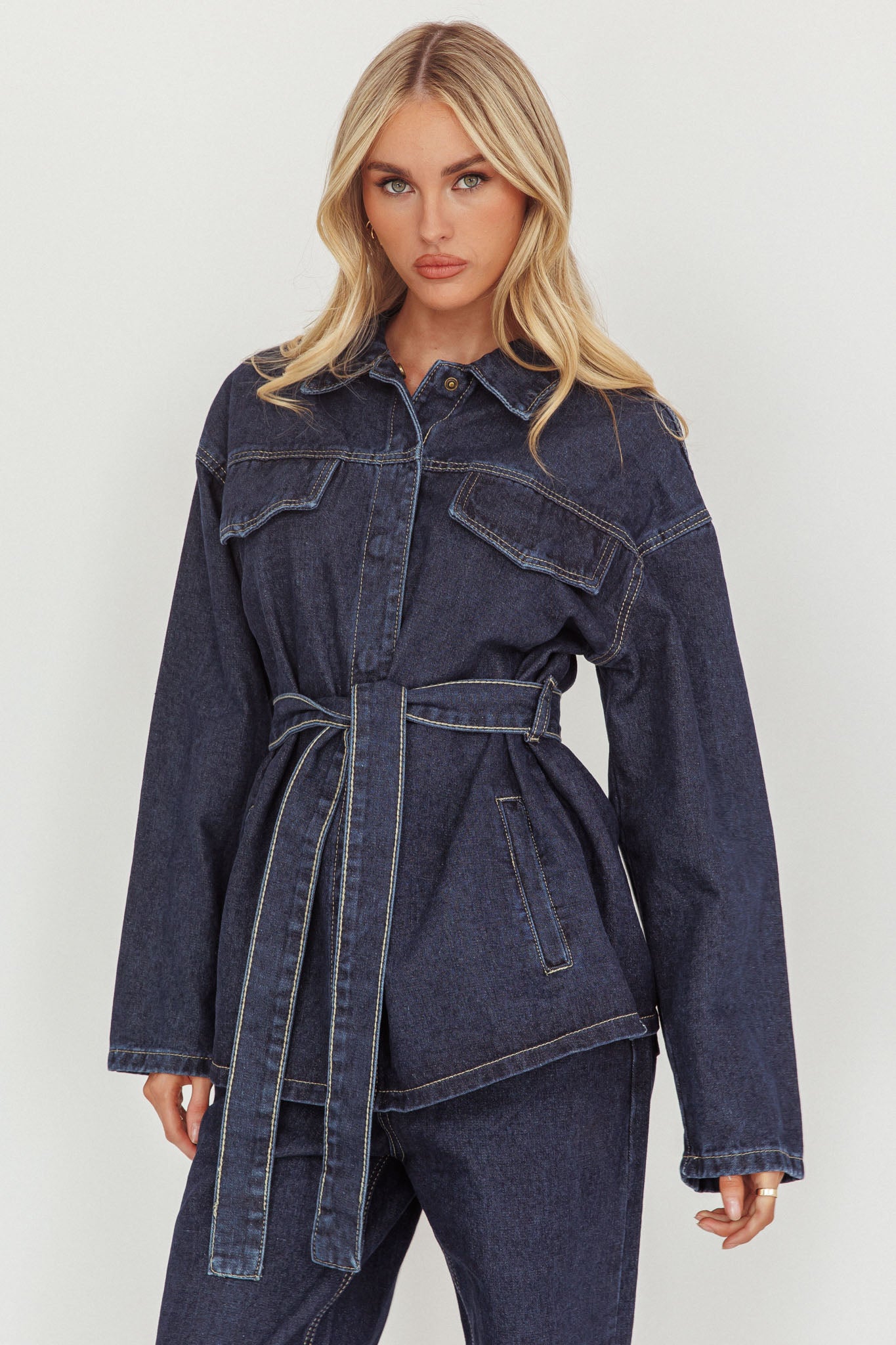 Belisse Waist Tie Button Jacket Denim Blue-Maymioy